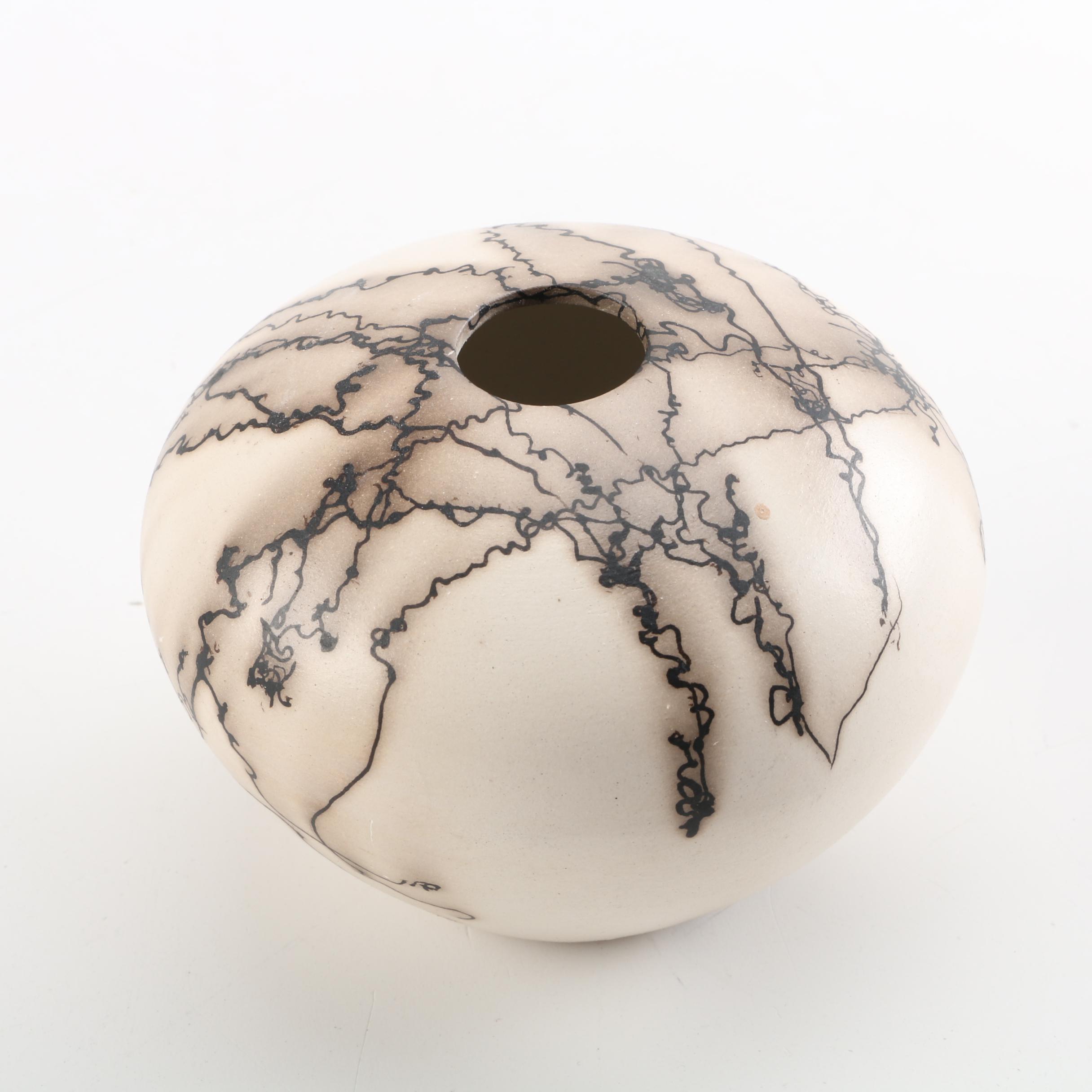 Signed Horsehair Raku Fired Ikebana Orb Vase