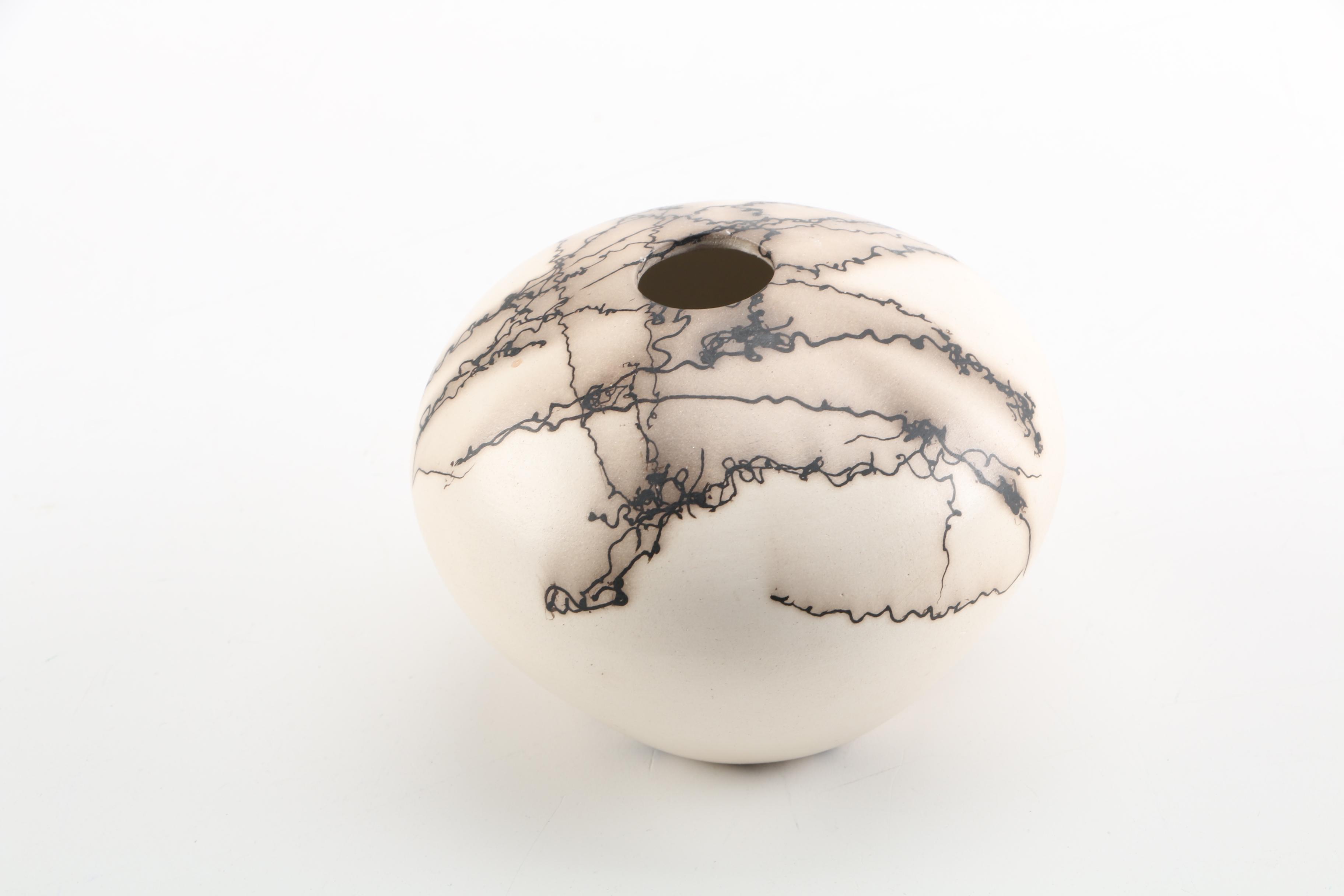 Signed Horsehair Raku Fired Ikebana Orb Vase