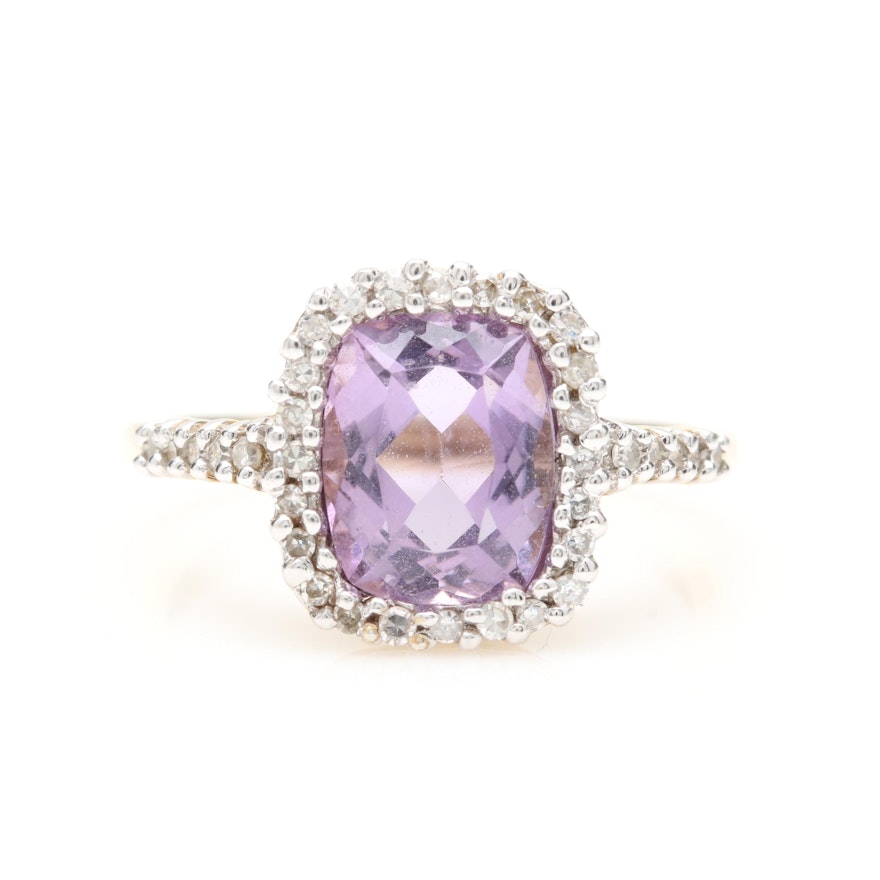 9K Yellow Gold Amethyst and Diamond Ring with 9K White Gold Accents