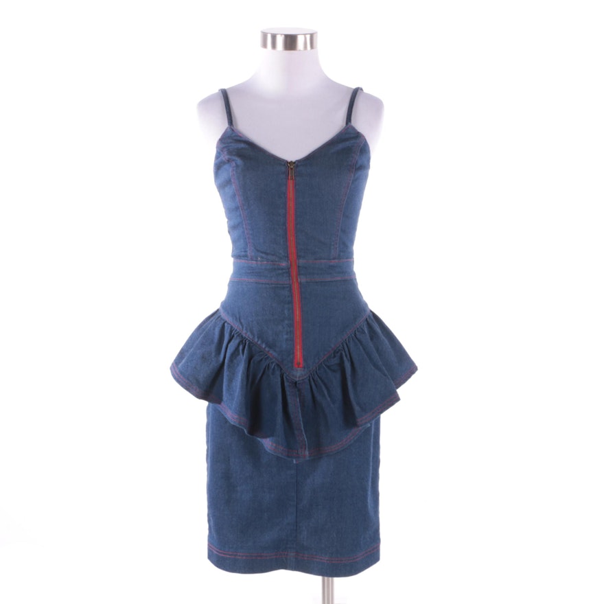 1990s Betsey Johnson Demin Peplum Sleeveless Mini Dress with Red Zipper Accent