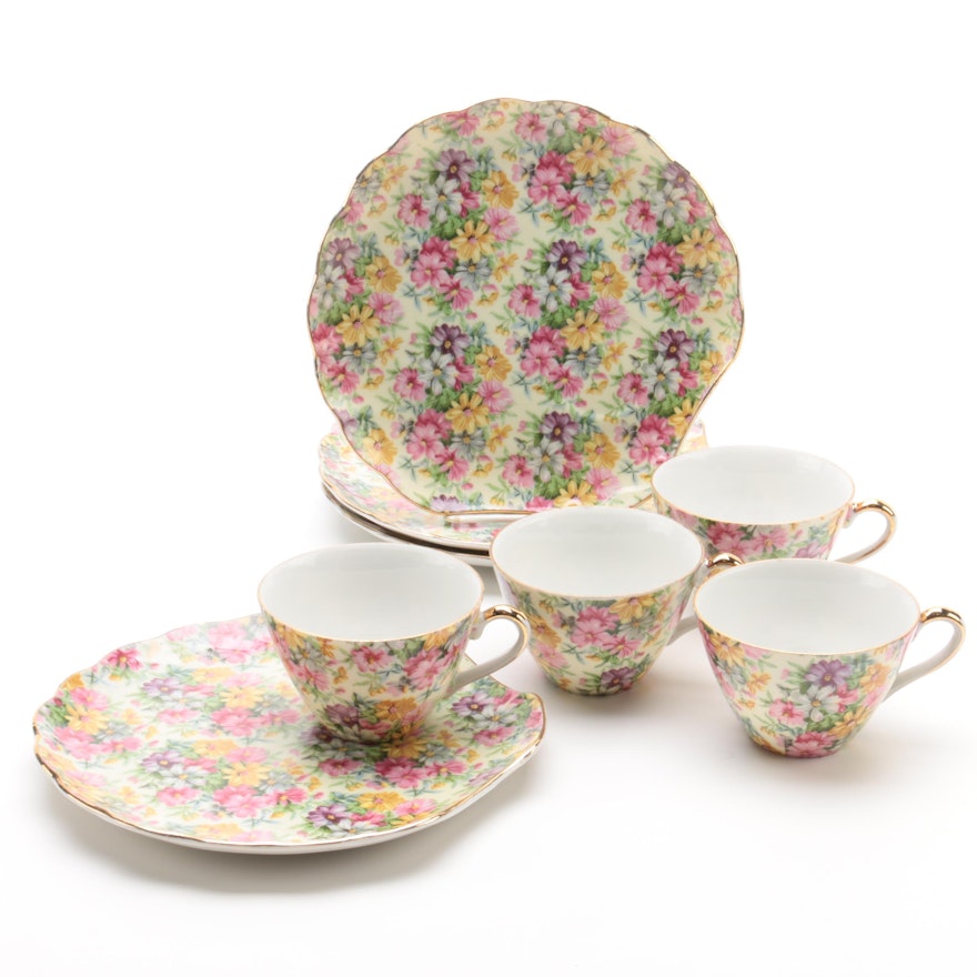 Floral Porcelain Teacup and Snack Plate Set for Four