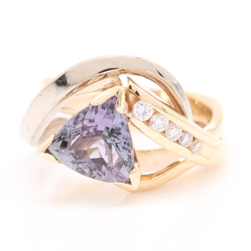14K Yellow Gold Tanzanite and Diamond Ring with 18K White Gold Accent