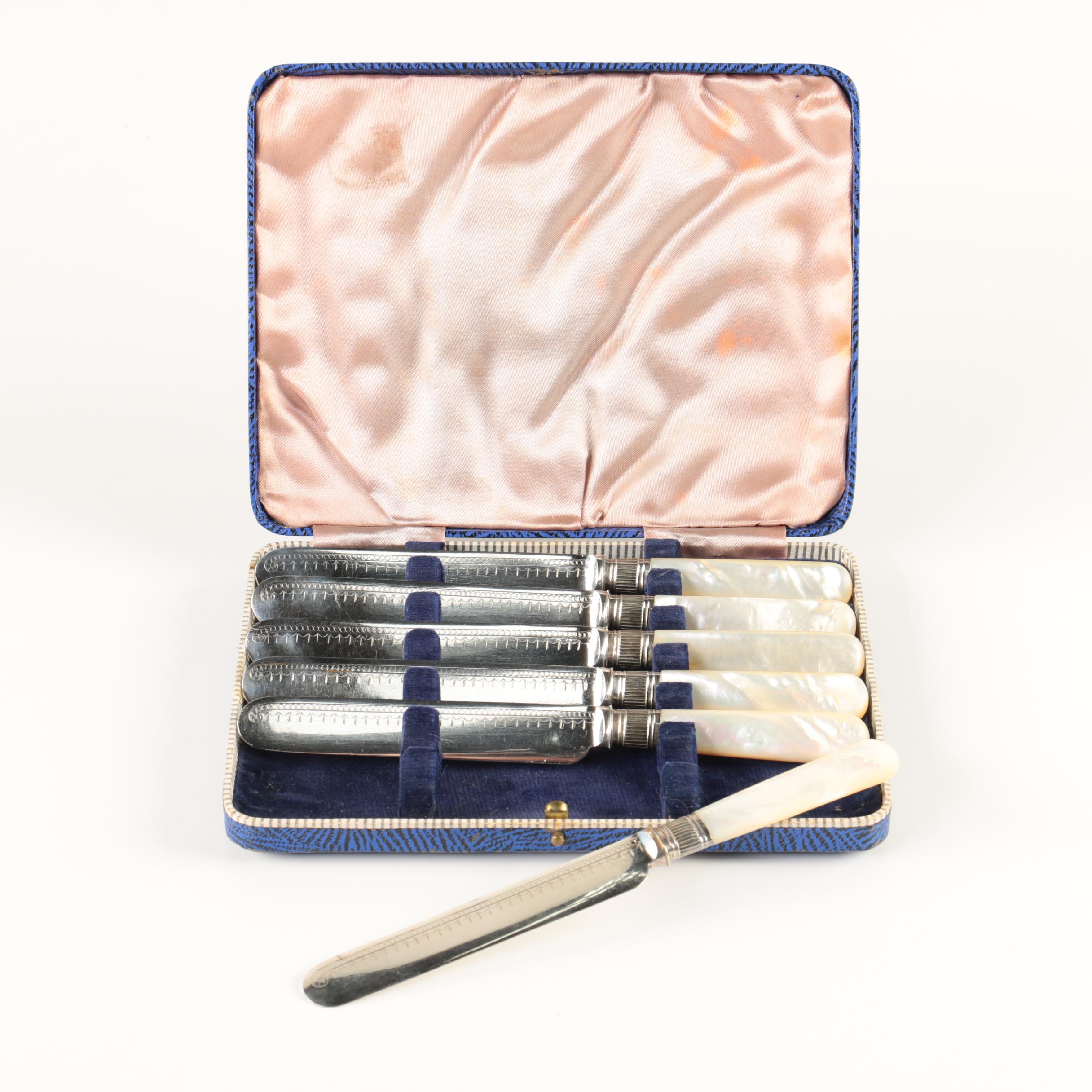 Mother of Pearl Handled Blunt Blade Dinner Knives with Case