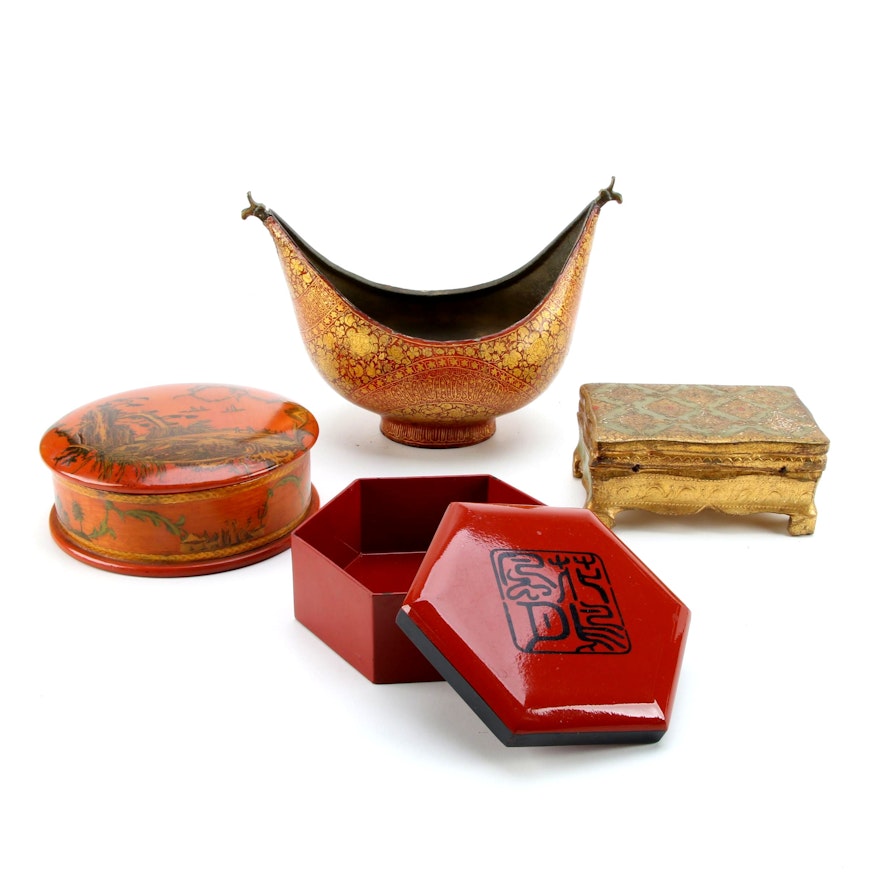 Asian Influenced Trinket Boxes and Decorative Bowl