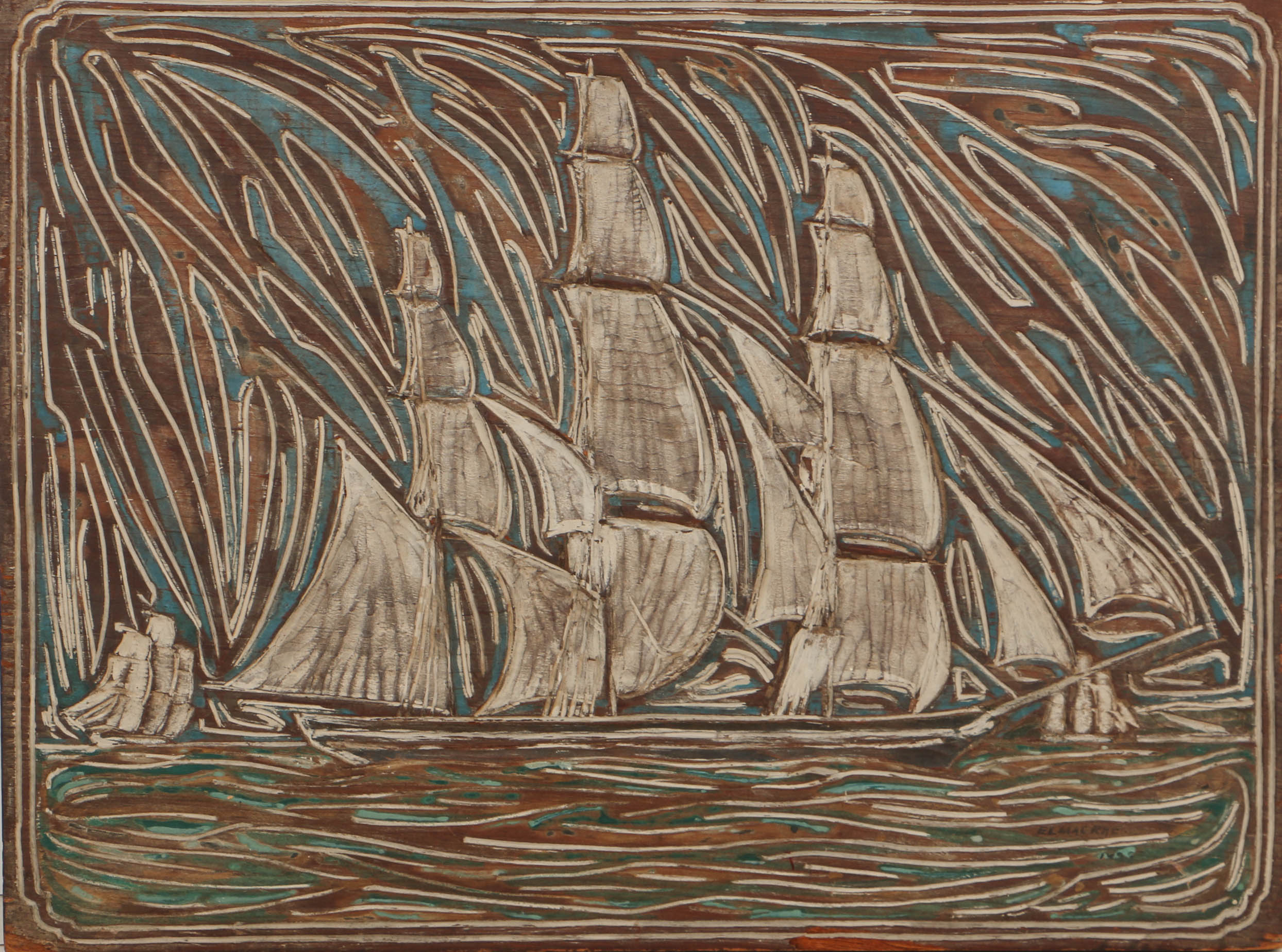 Elmer Livingston MacRae Woodcut Block of a Clipper Ship