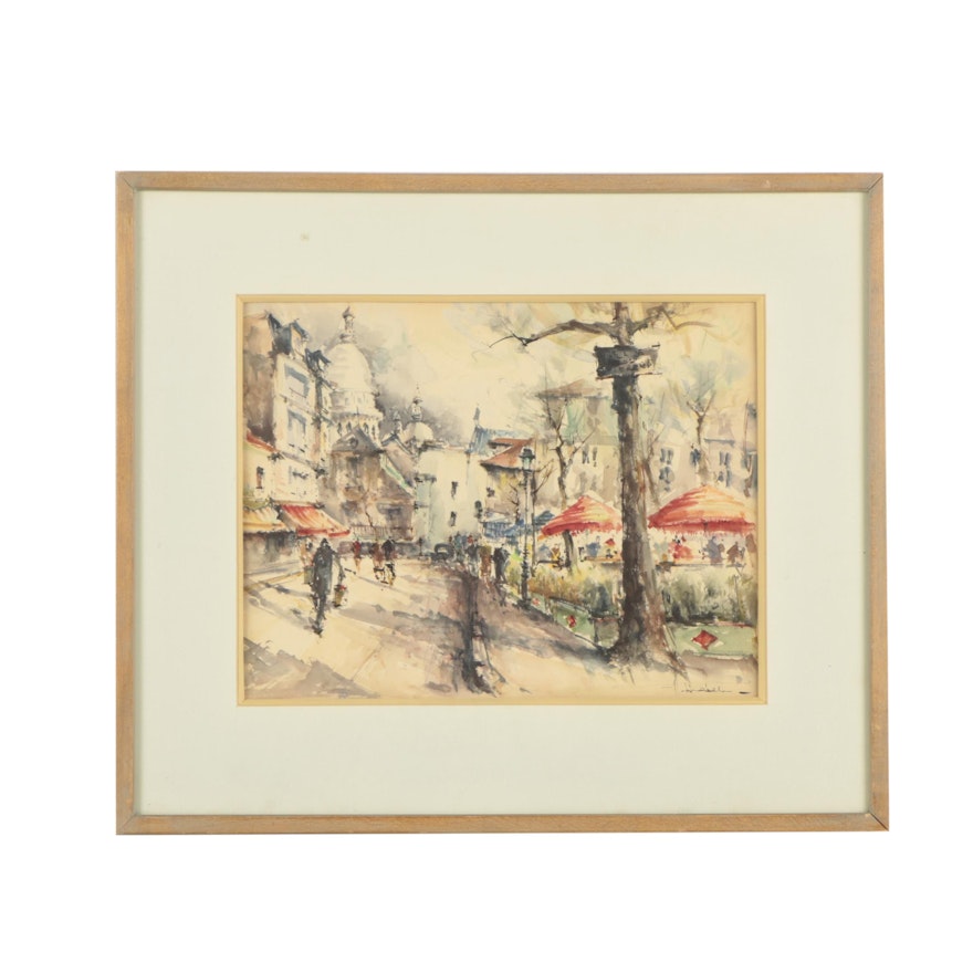 Hebel Late 20th Century Watercolor Painting of Montmartre Street Scene