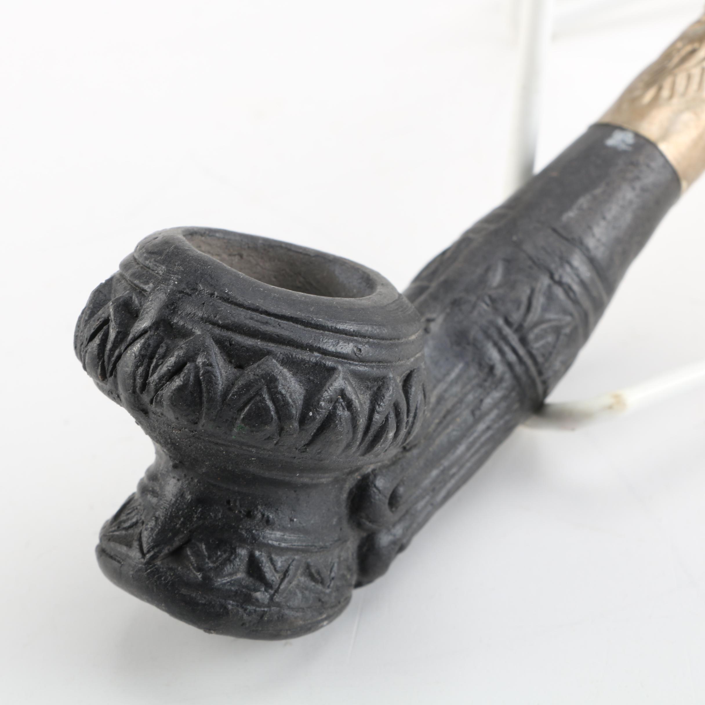 Vintage Brass and Earthenware Tobacco Pipe