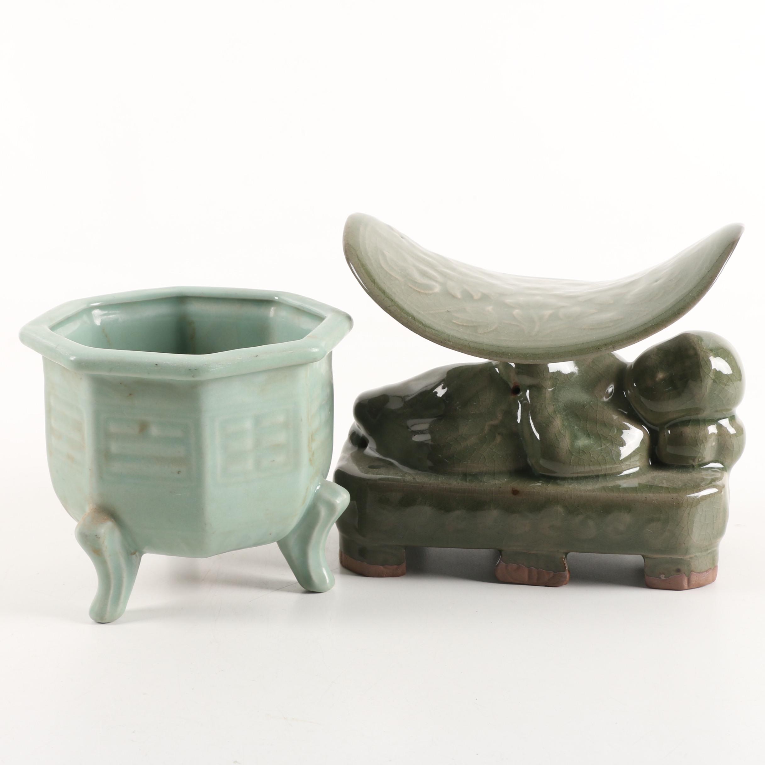 Chinese Celadon Ceramic Pillow and Bagua Vessel