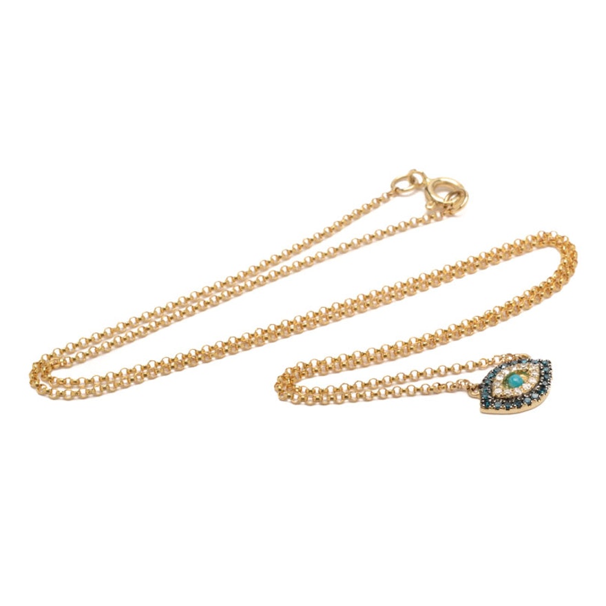 14K Yellow Gold Diamond and Amazonite Pendant Necklace