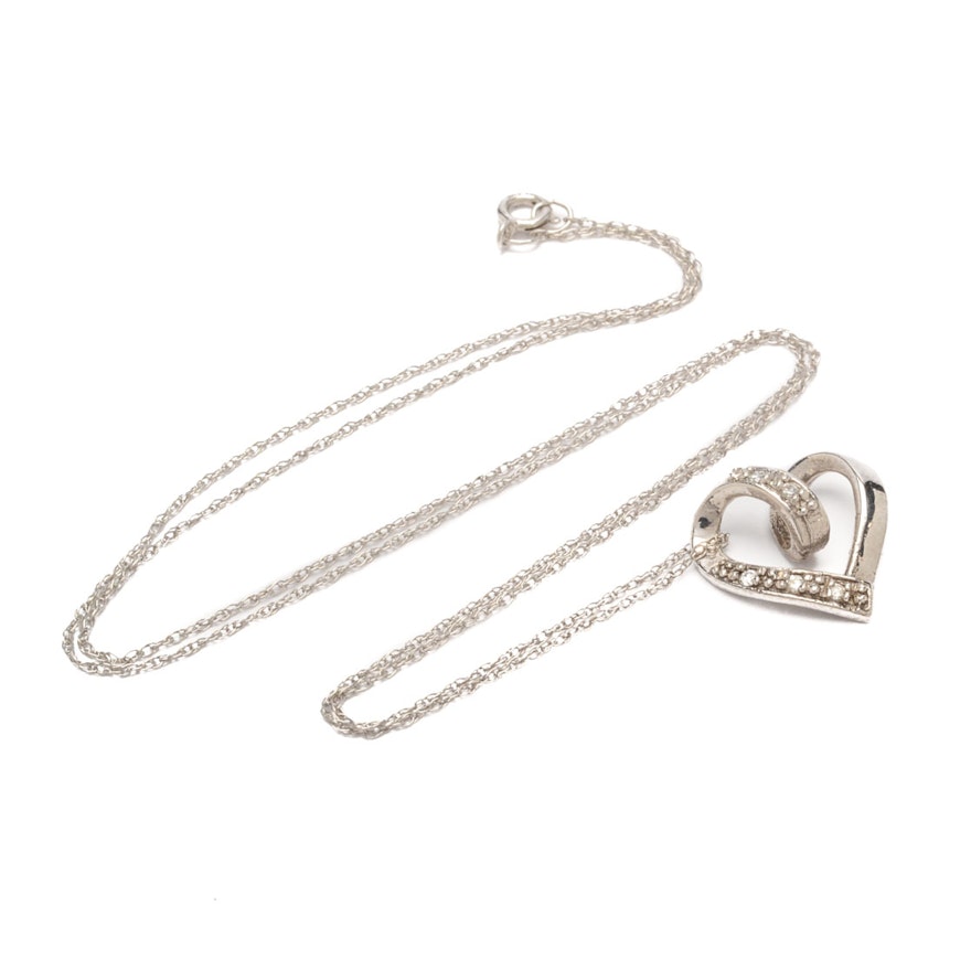 10K White Gold Diamond Heart Pendant on 14K Gold Chain Necklace