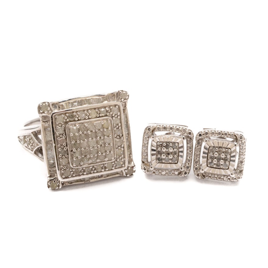 Sterling Silver Diamond Earrings and Ring