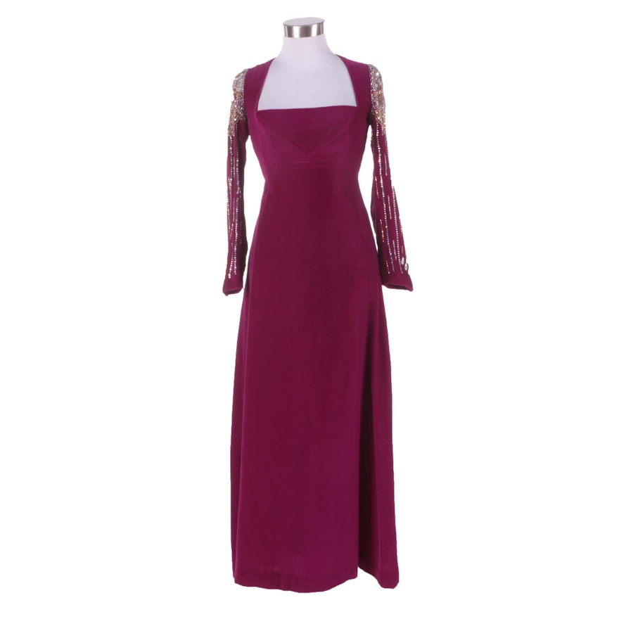 1960s Vintage Mr. Blackwell Custom Embellished Purple Velvet Evening Dress