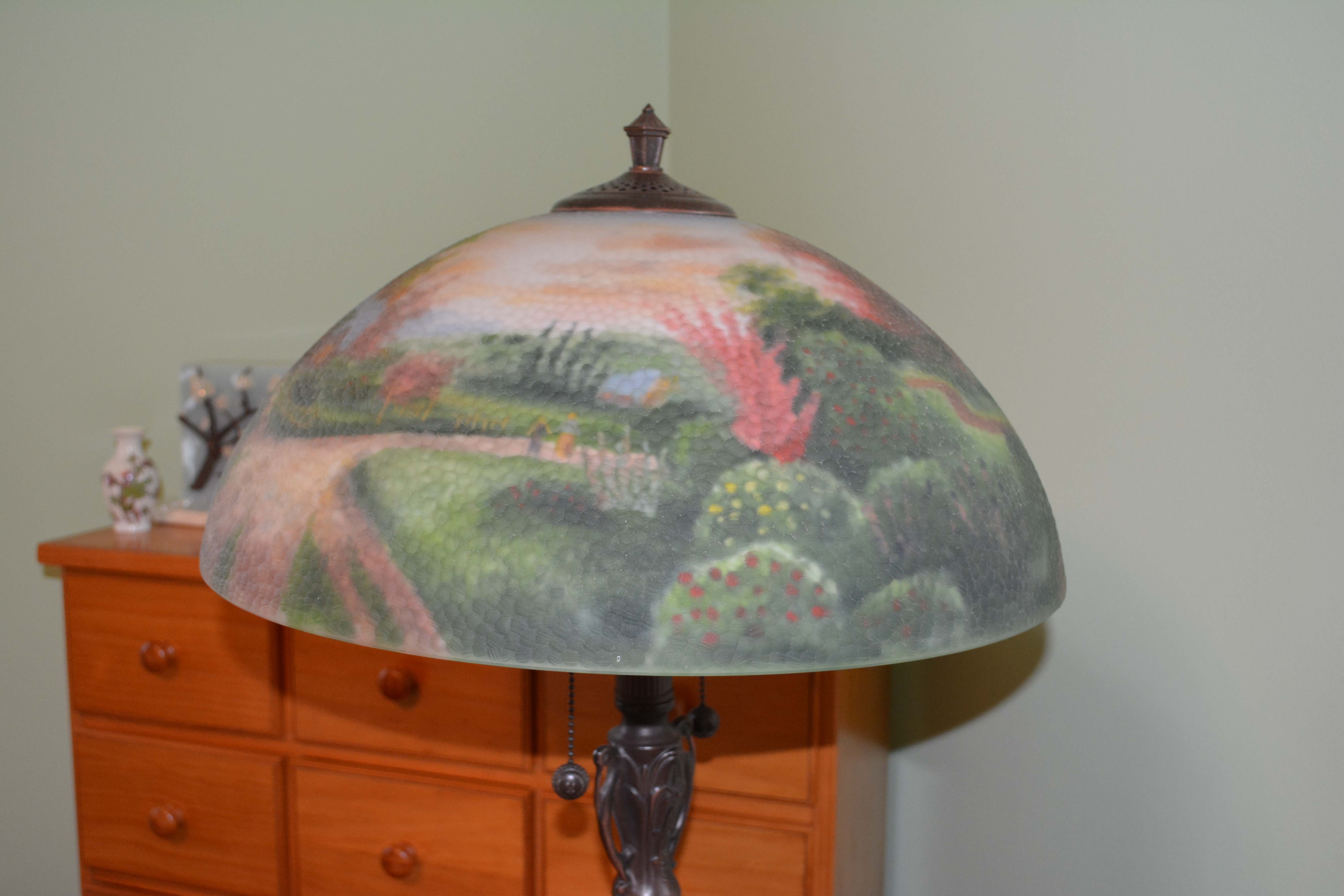 Metal Floor Lamp with Reverse-Painted Glass Shade Designed After Thomas Kinkade