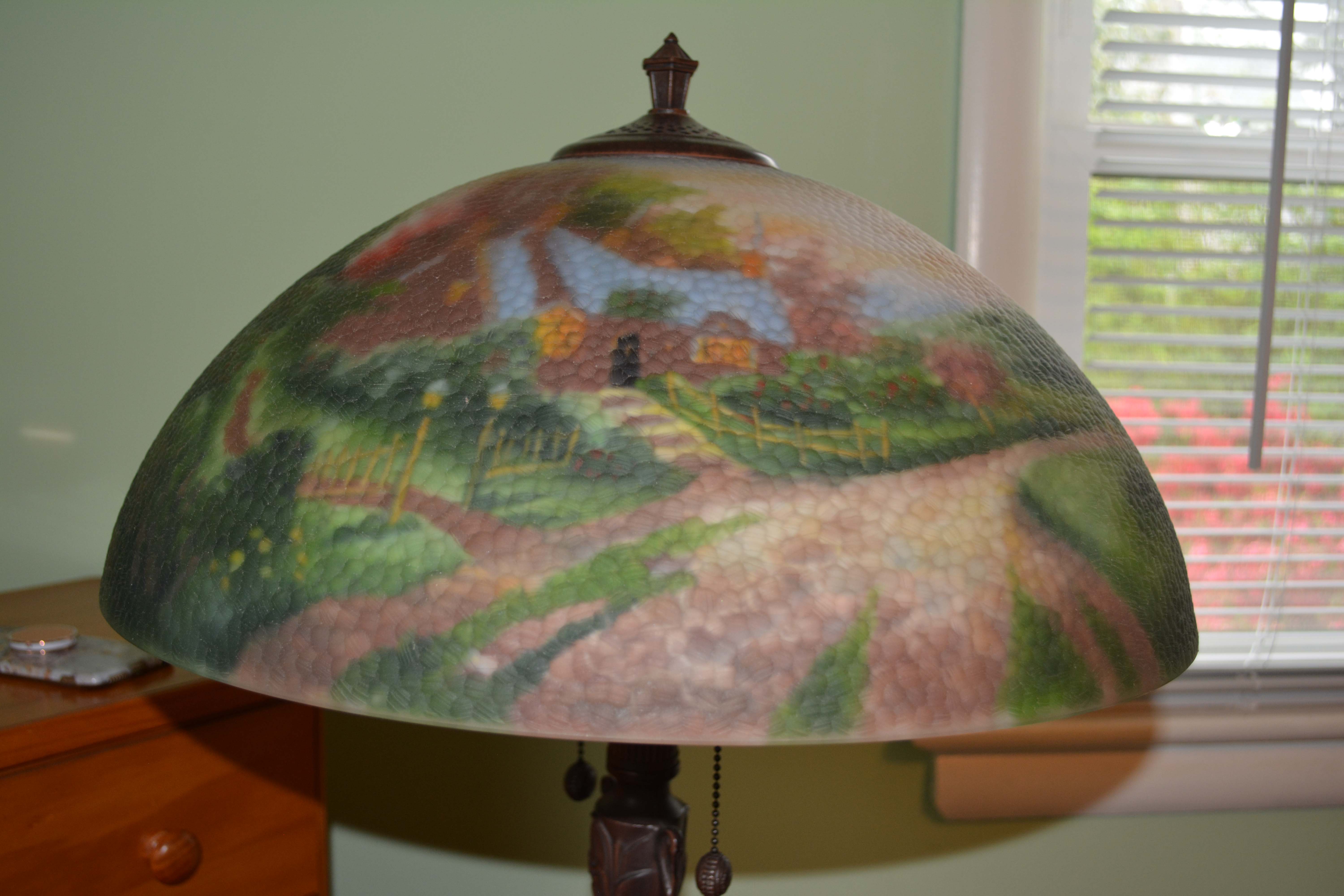 Metal Floor Lamp with Reverse-Painted Glass Shade Designed After Thomas Kinkade