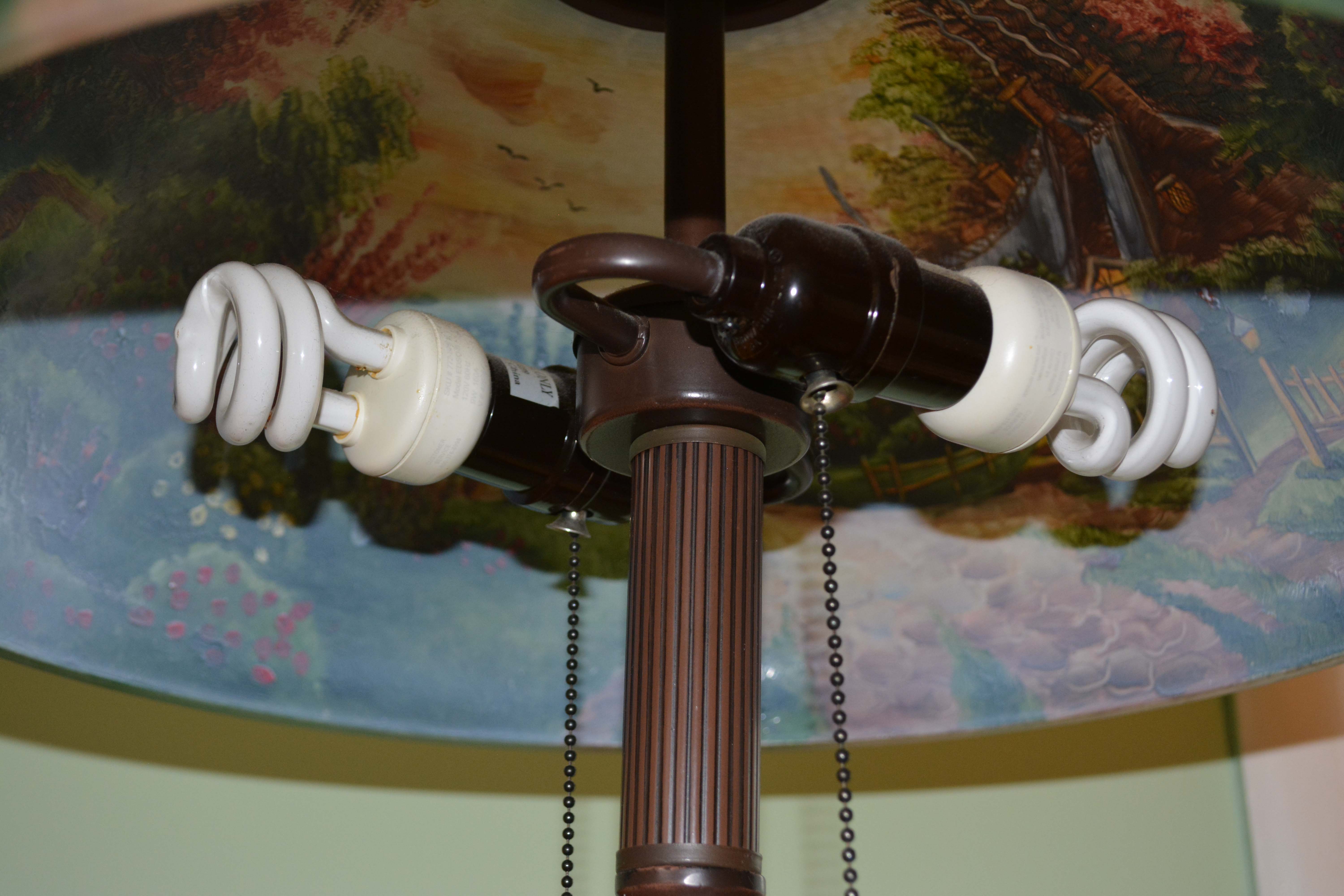 Metal Floor Lamp with Reverse-Painted Glass Shade Designed After Thomas Kinkade