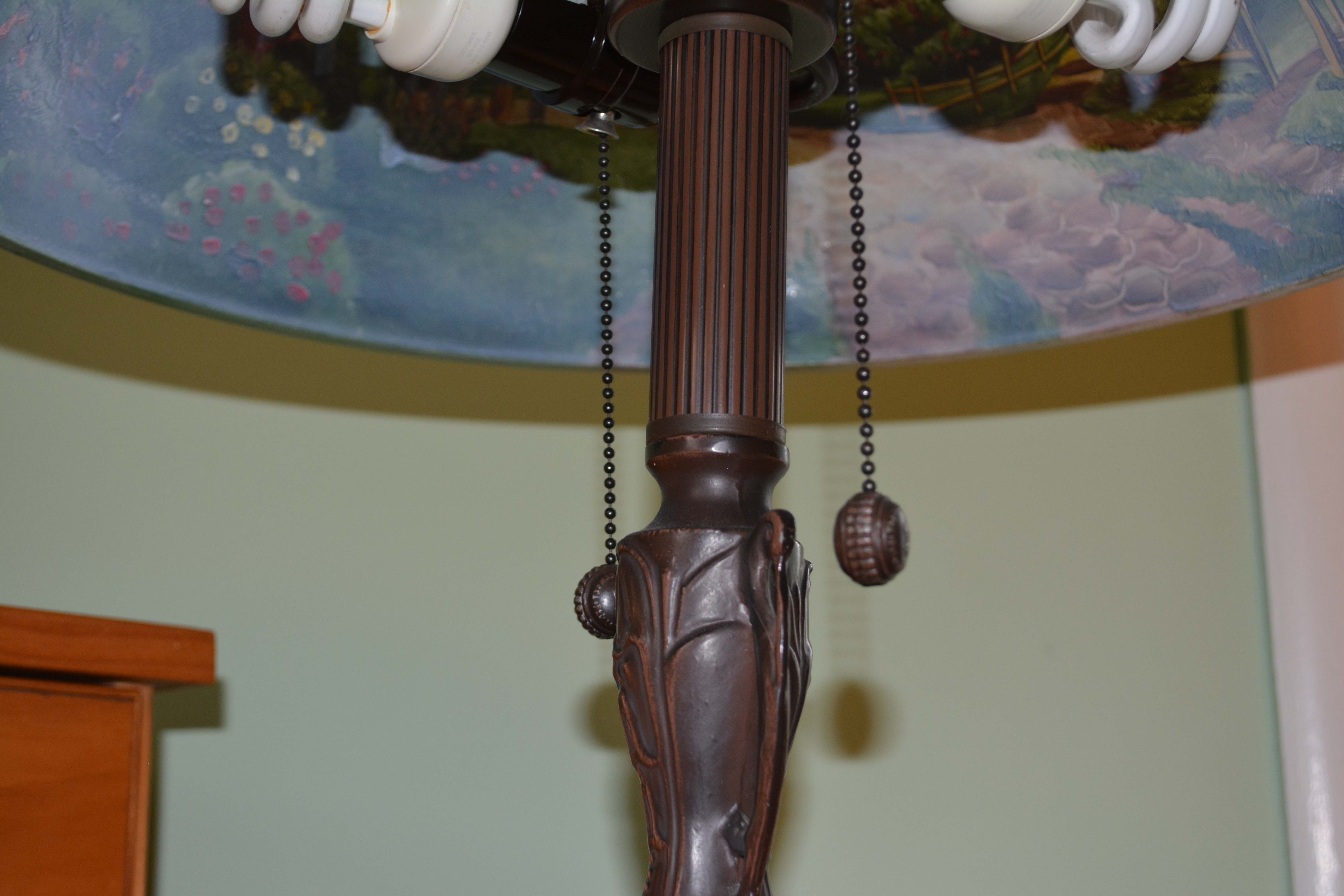 Metal Floor Lamp with Reverse-Painted Glass Shade Designed After Thomas Kinkade