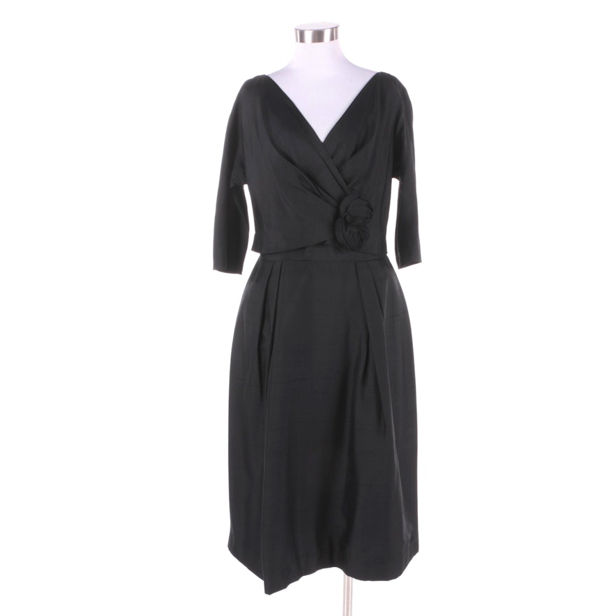 1950s Vintage Black Silk Cocktail Dress with Wrap Top and Rose Detail