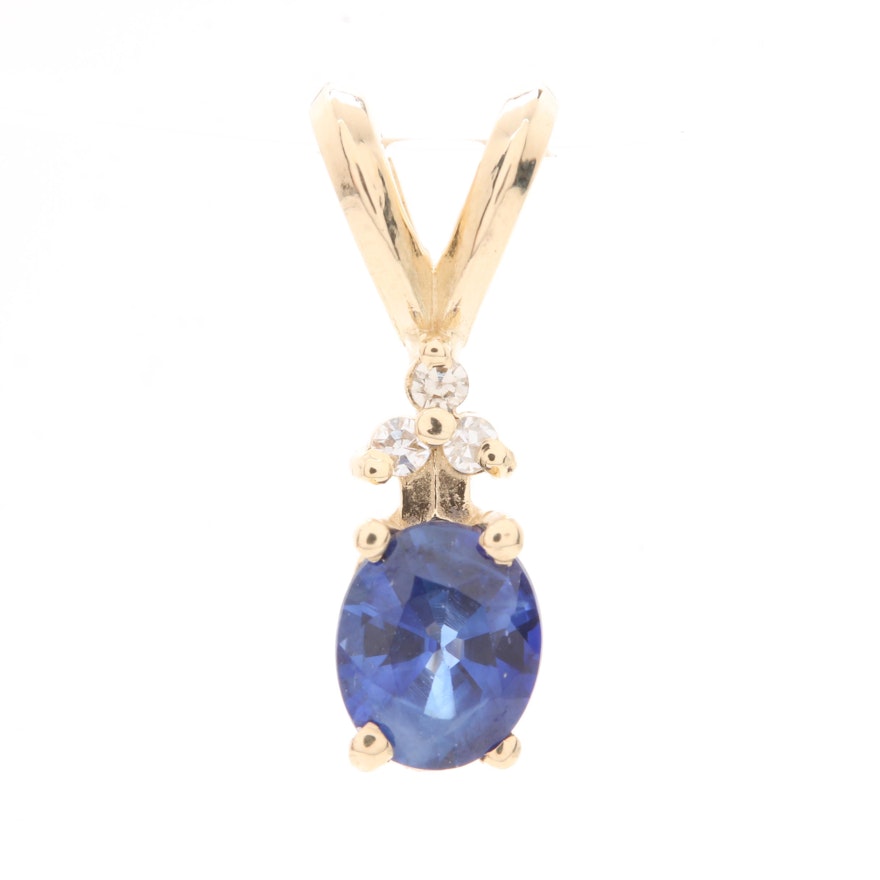 14K Yellow Gold Sapphire Pendant with Diamond Accents