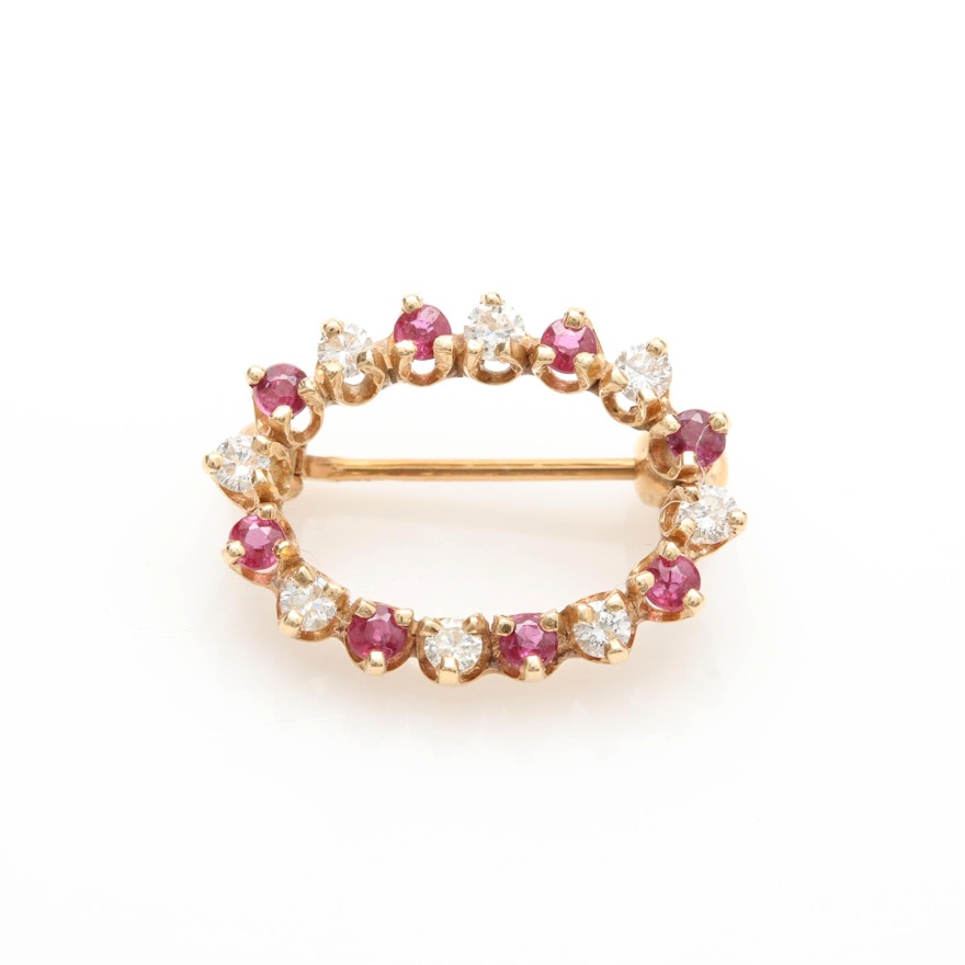 14K Yellow Gold Ruby and Diamond Brooch