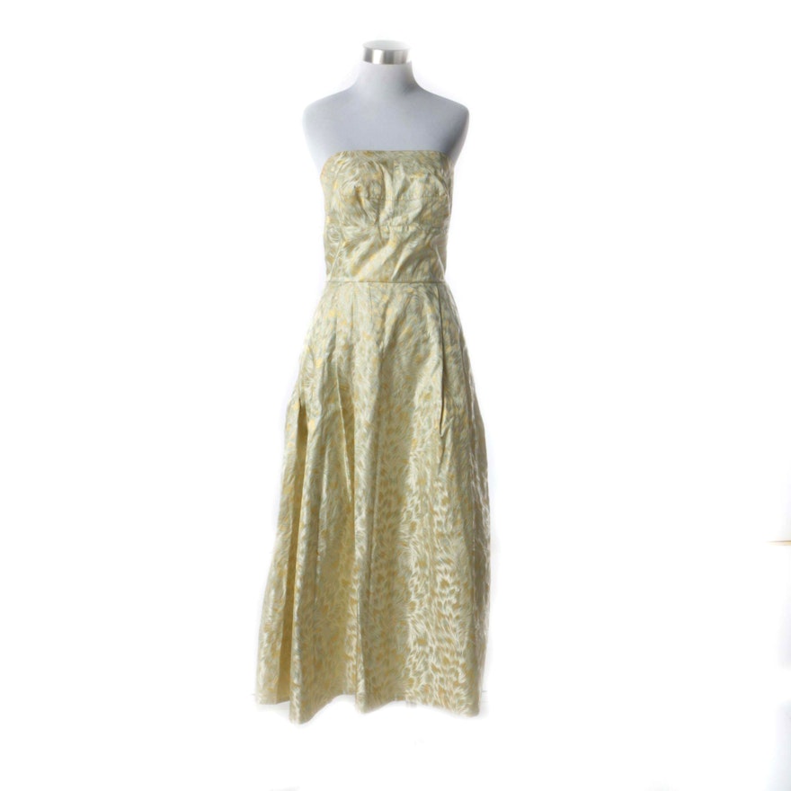 1950s Vintage Gold, Citrine and Green Silk Abstract Print Midi Cocktail Dress