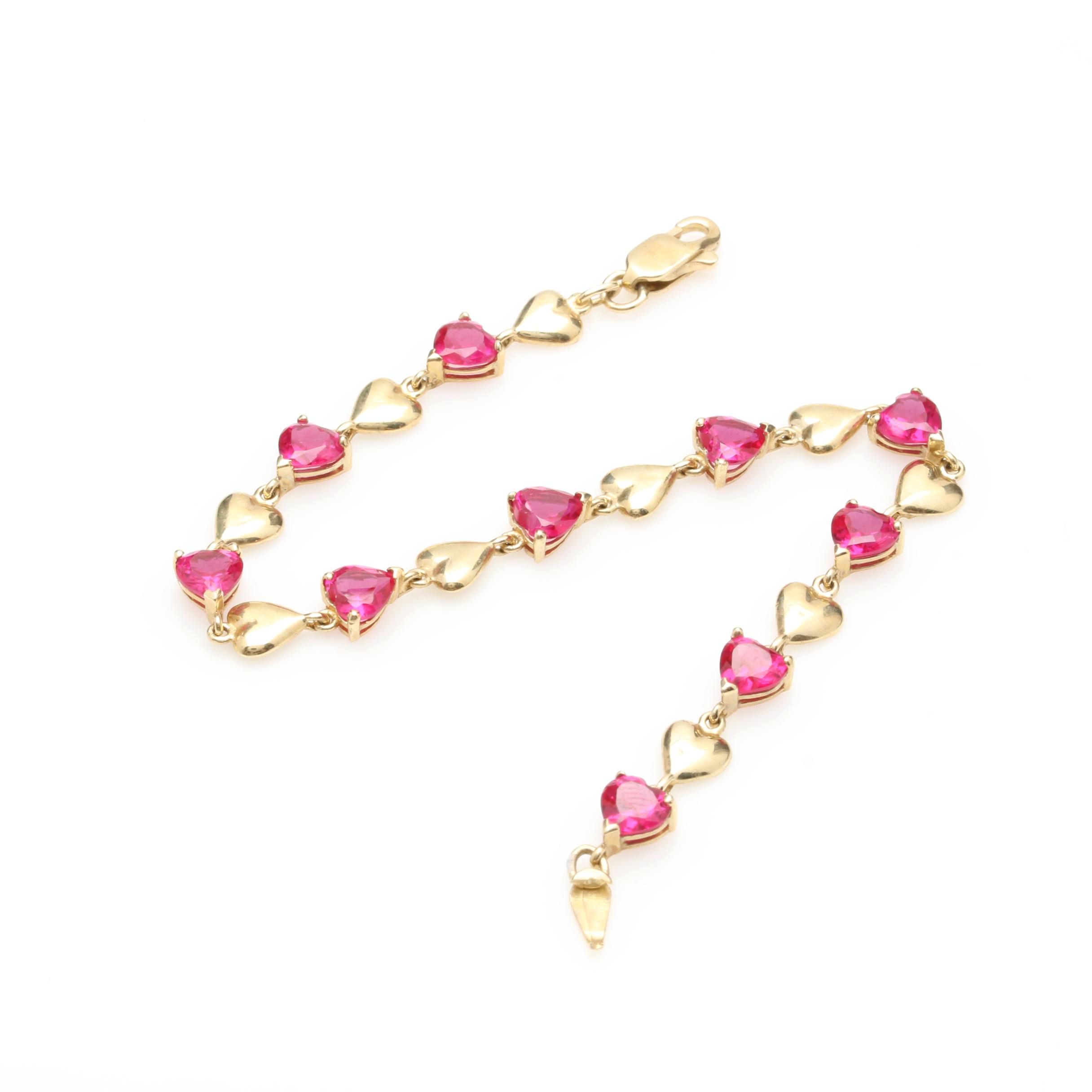 10K Yellow Gold Synthetic Ruby Heart Bracelet