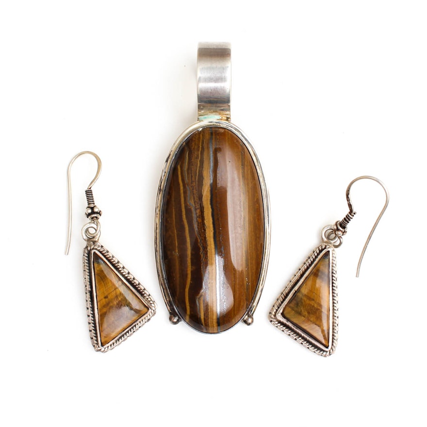 Sterling Silver Pendant and Earrings with Tiger's Eye and Iron