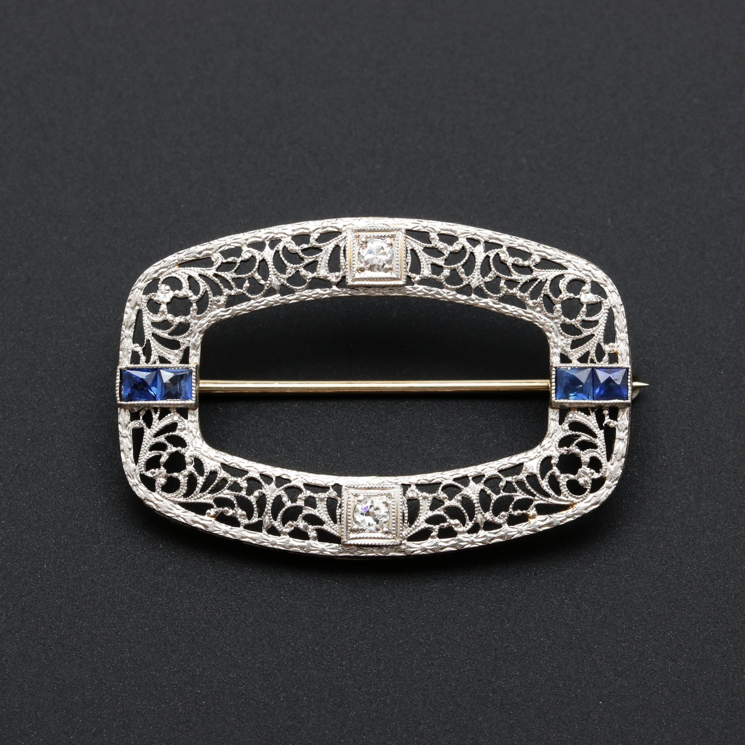Edwardian Platinum and 14K White Gold Diamond and Blue Sapphire Brooch