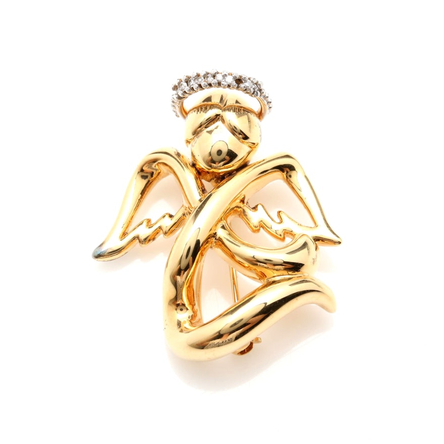 14K Yellow Gold Diamond Angel Brooch
