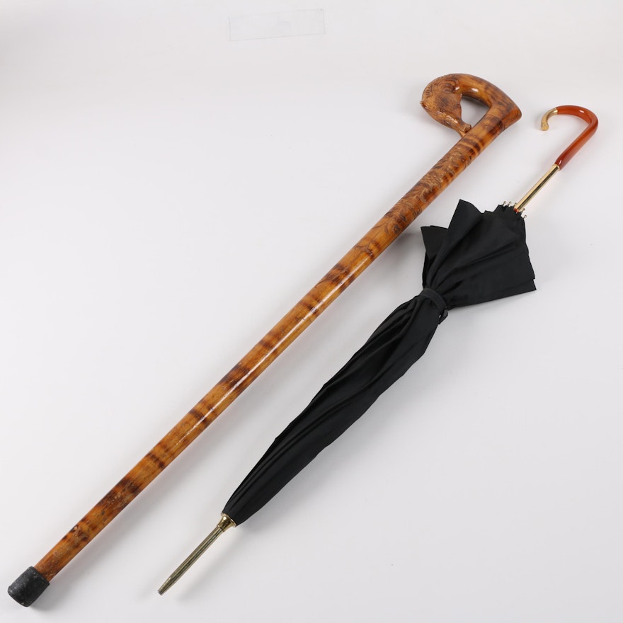 Hand-Carved Tiger Maple Cane with Figural Carved Handle and Umbrella