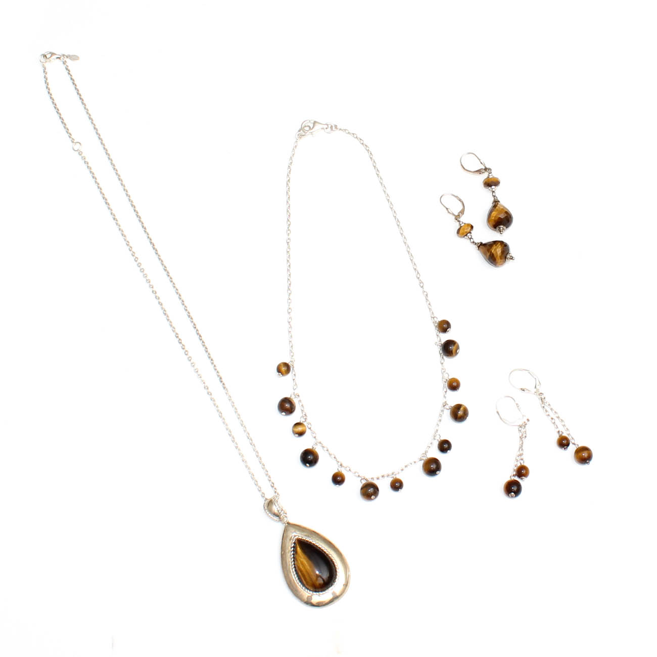 Sterling Silver and Tiger's Eye Necklaces and Dangle Earrings
