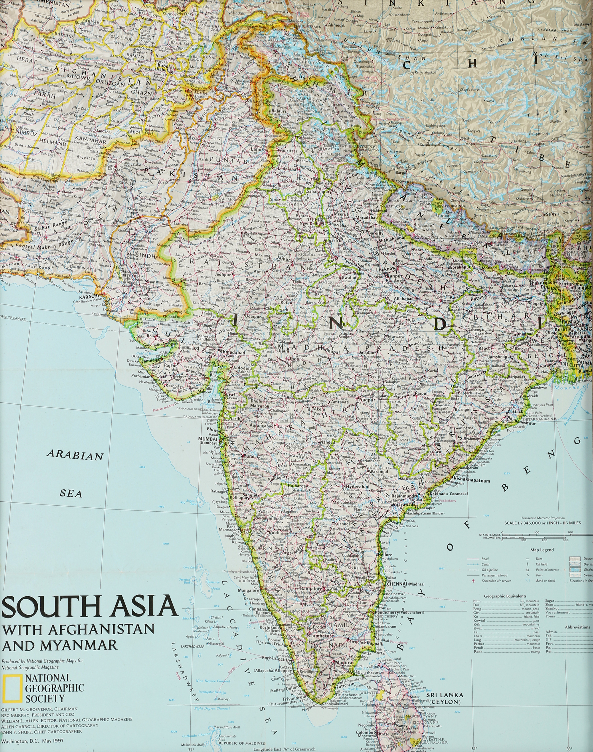 National Geographic 1997 Map of South Asia Offset Lithographic Print