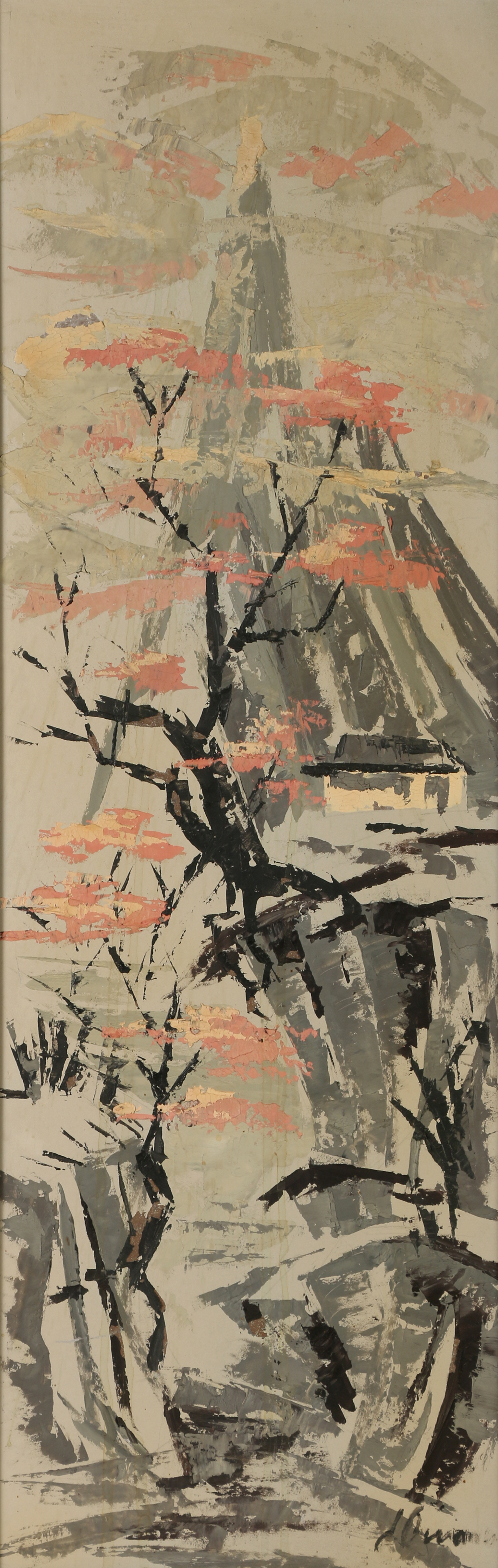 Oil Painting on Masonite Abstract Asian Style Mountainous Landscape