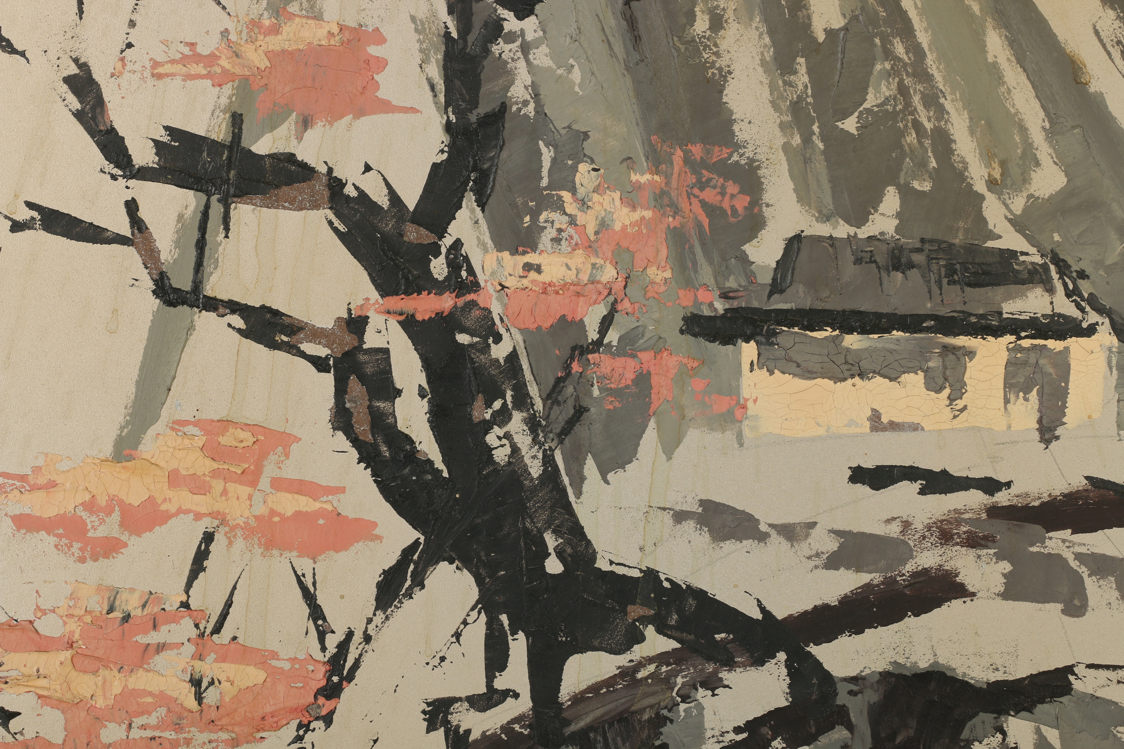 Oil Painting on Masonite Abstract Asian Style Mountainous Landscape