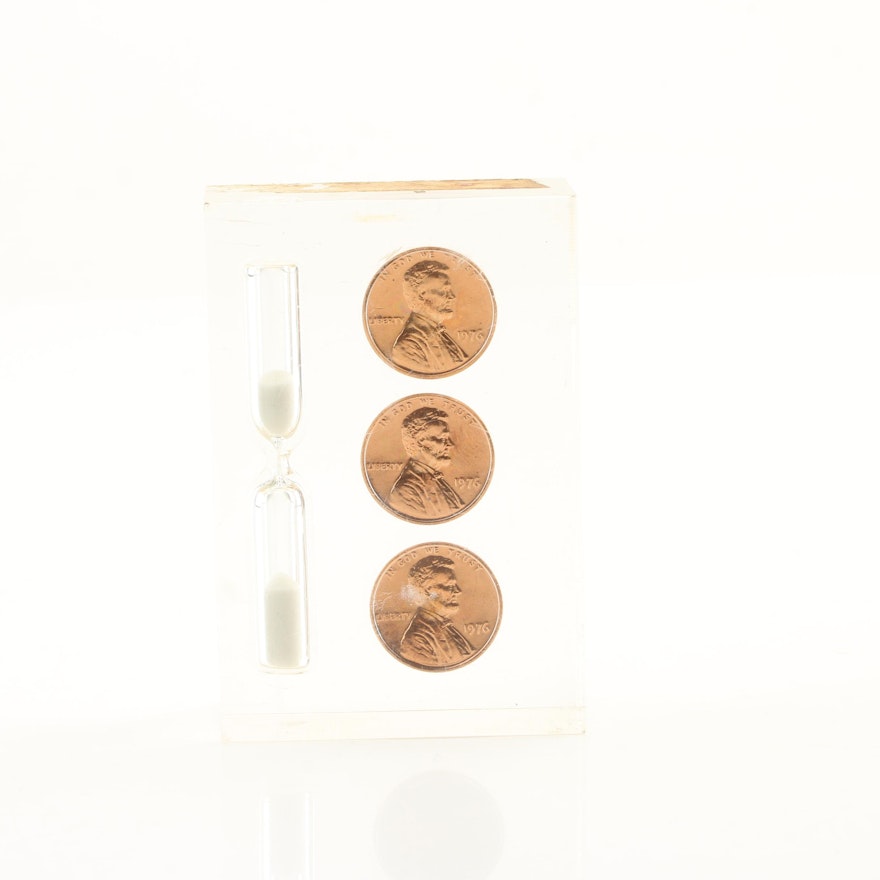 Group of Three 1976 Lincoln Cents in an Acrylic Case with a Three Minute Timer