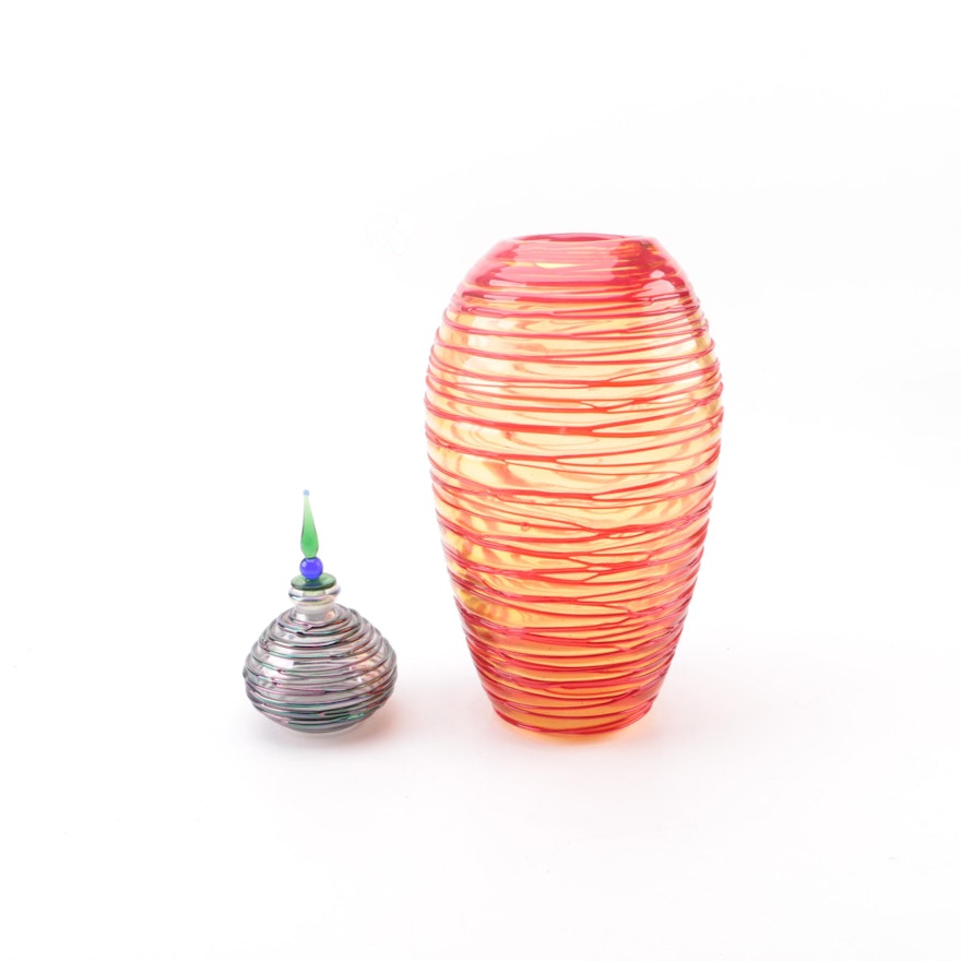 Blown Glass Vase and Perfume Bottle with Applied Ribbing