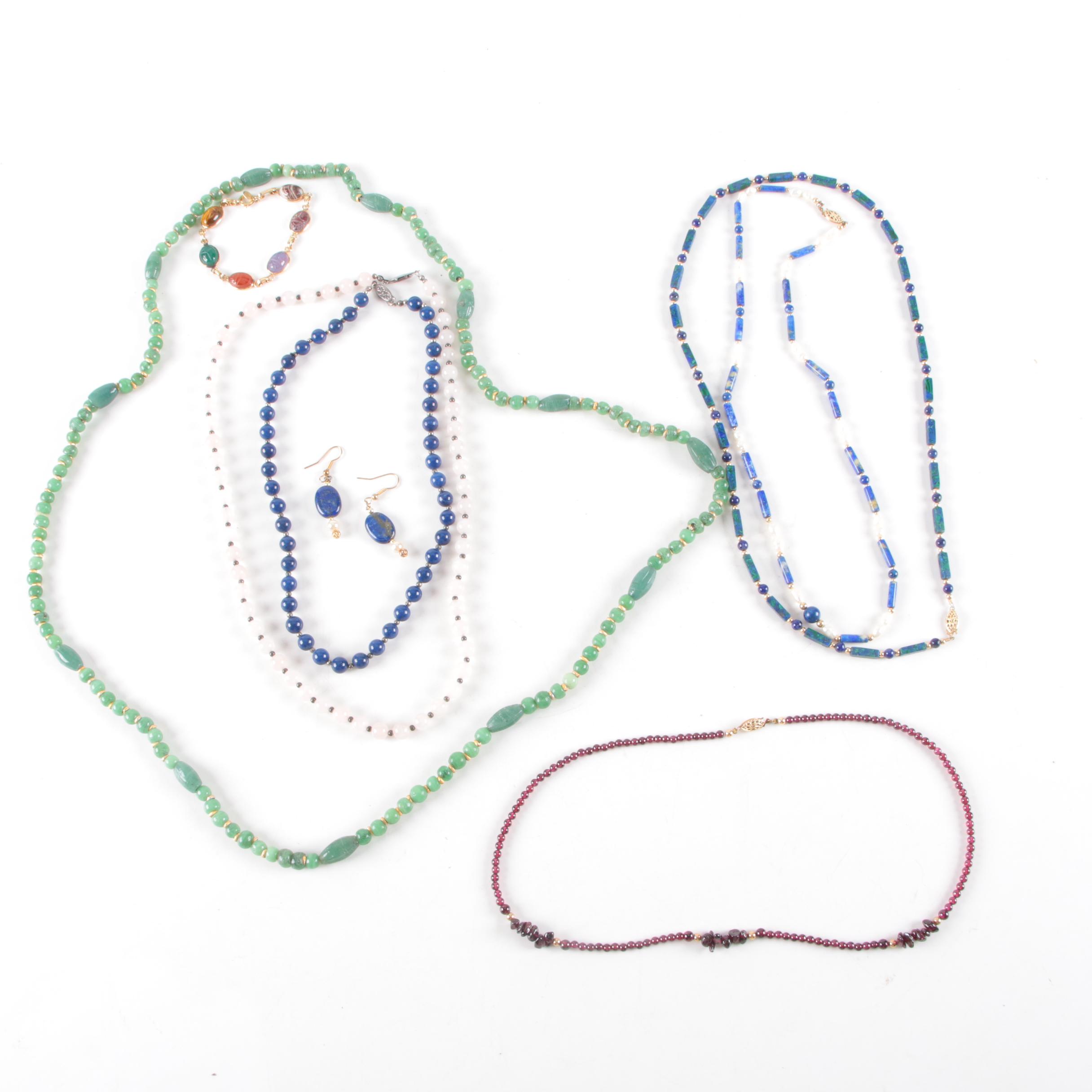 Beaded Jewelry Assortment Including Lapis Lazuli and Rose Quartz