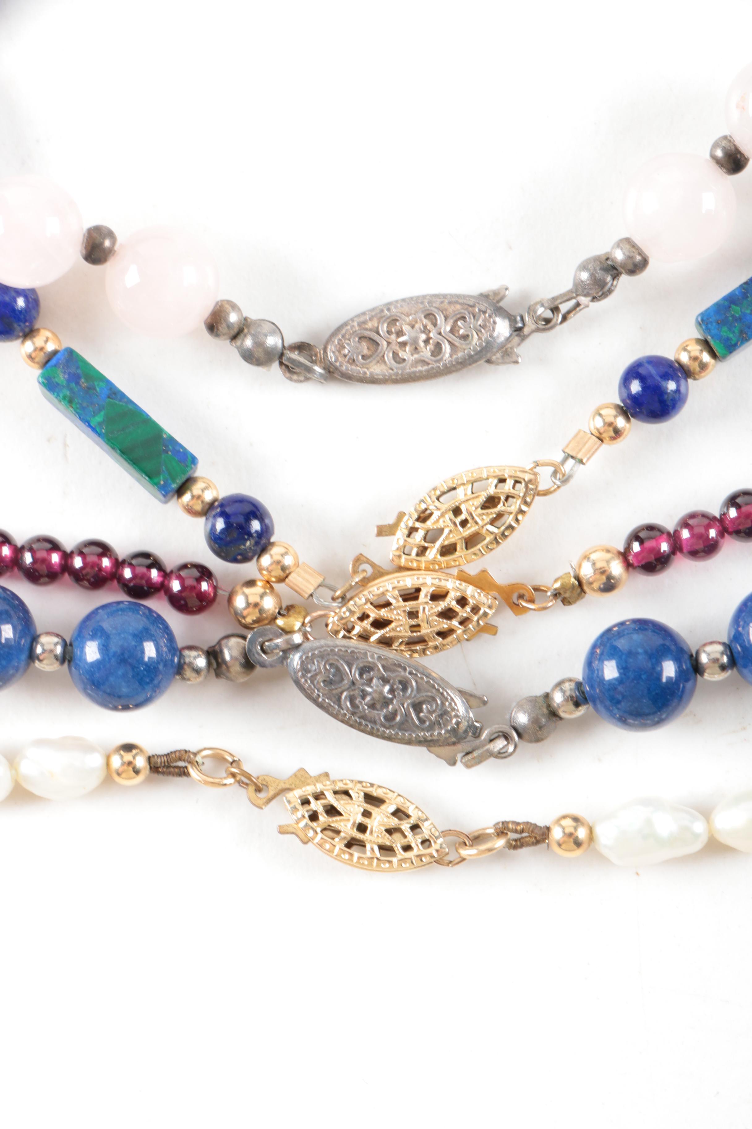 Beaded Jewelry Assortment Including Lapis Lazuli and Rose Quartz