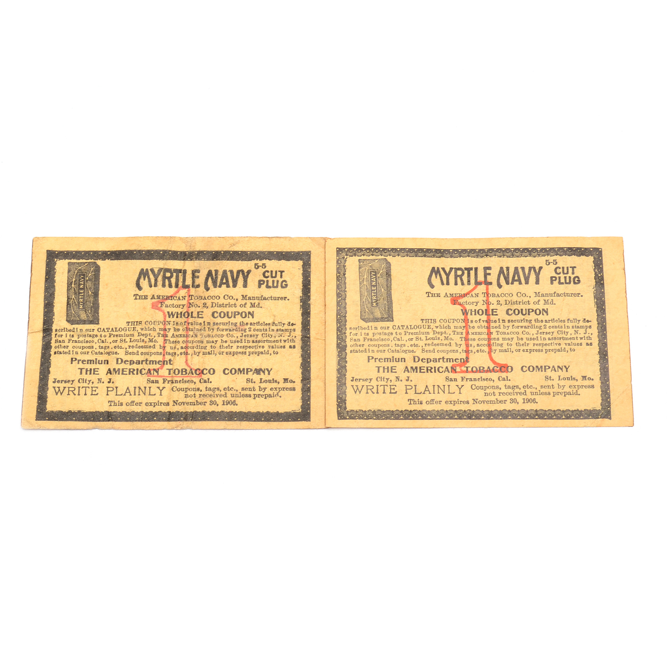 Pair of 1906 Myrtle Navy Cut Plug Tobacco Coupons