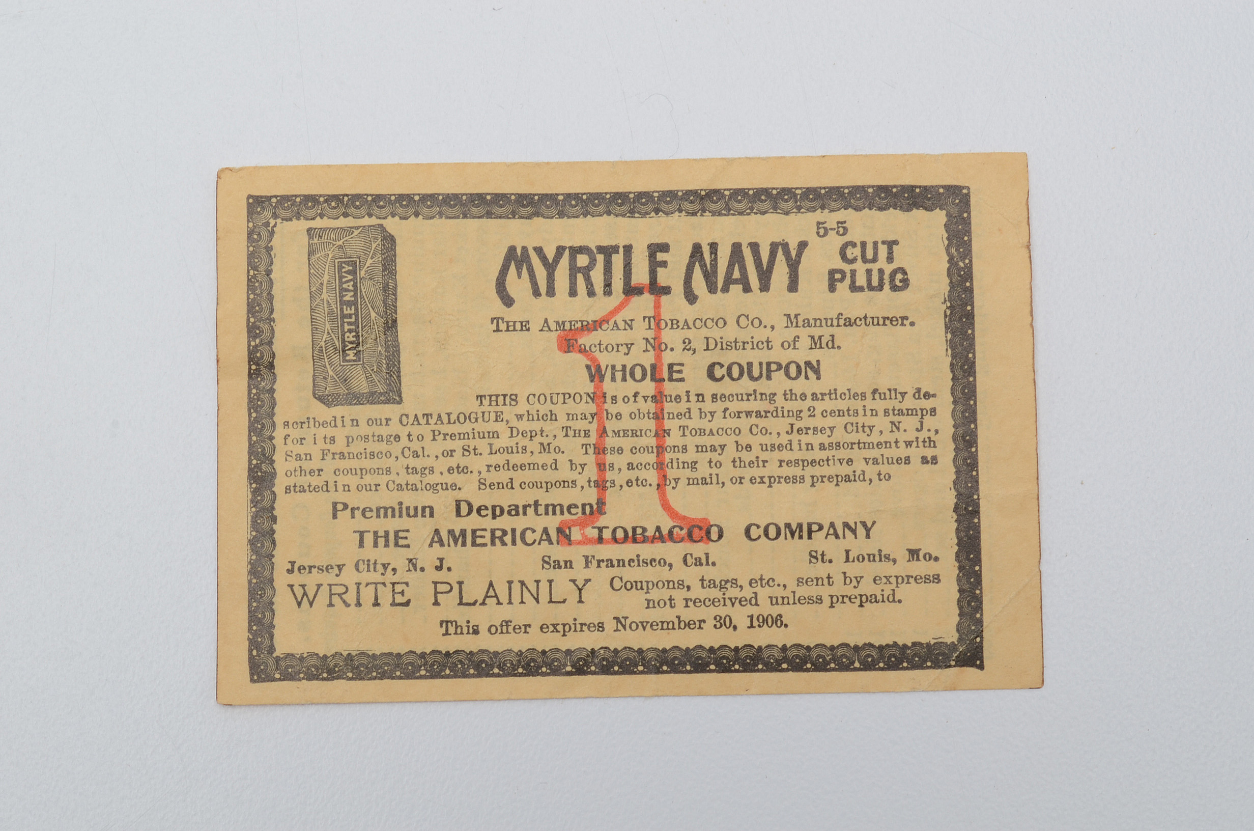 Pair of 1906 Myrtle Navy Cut Plug Tobacco Coupons