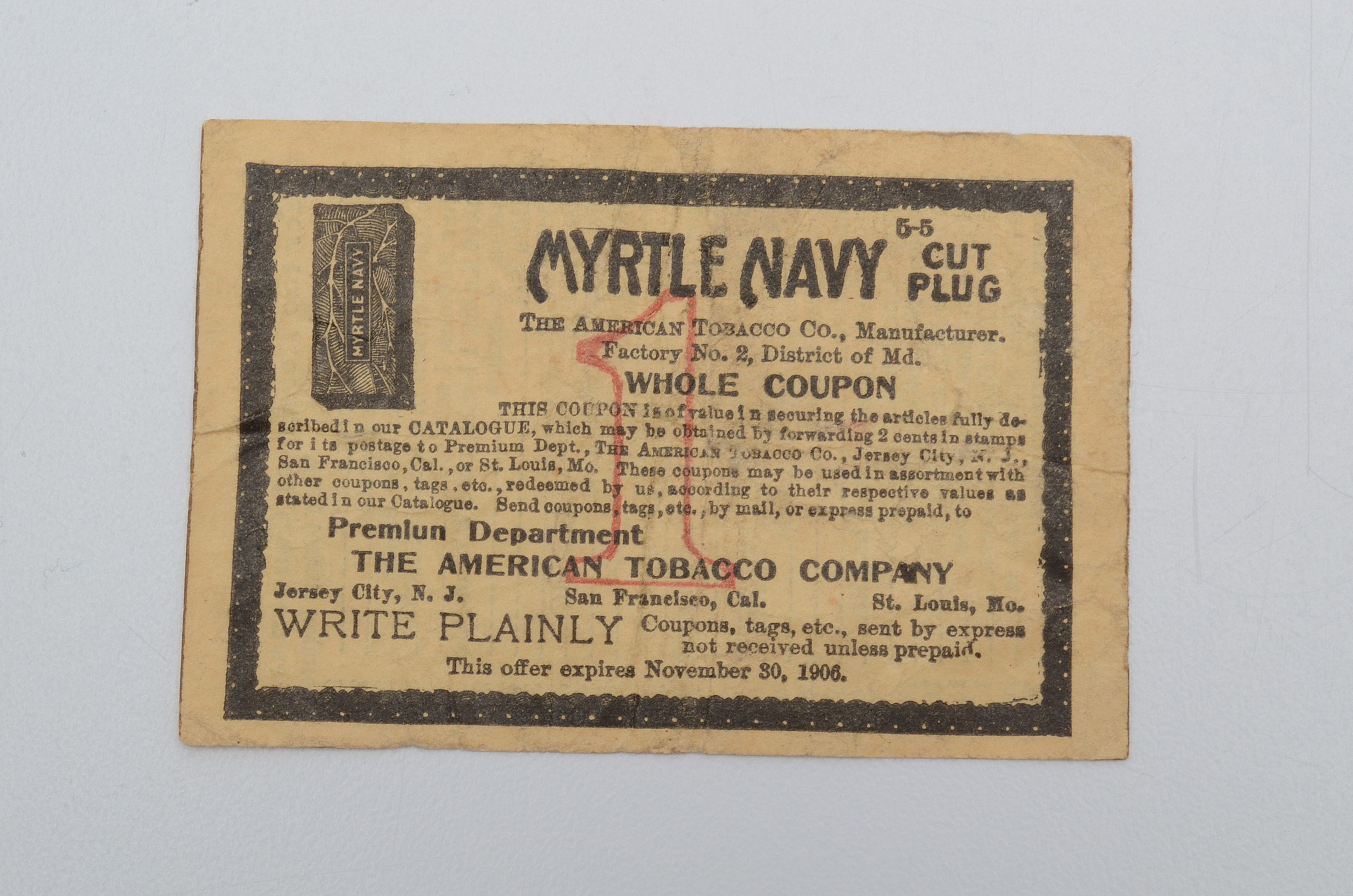 Pair of 1906 Myrtle Navy Cut Plug Tobacco Coupons
