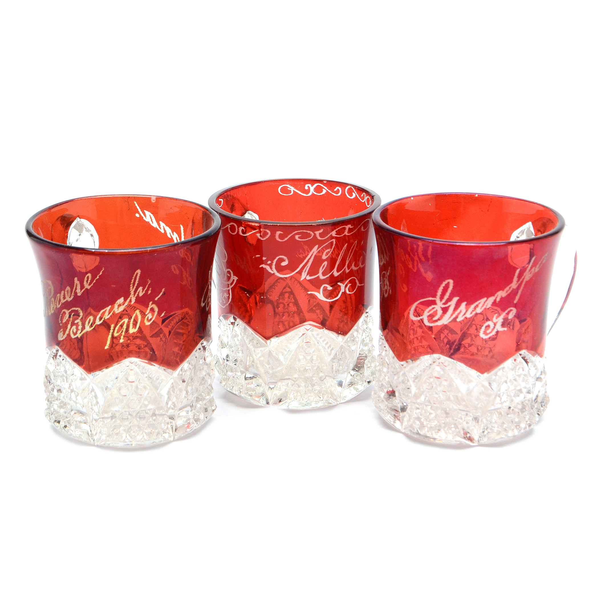 Collection of Ruby Flashed Cut Glass Antique Mugs