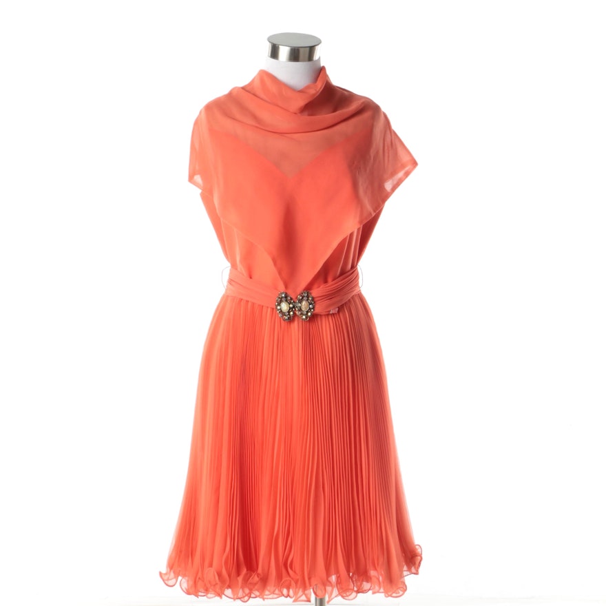 1970s Vintage Jack Bryan Orange Cocktail Dress with Chiffon Pleat Skirt