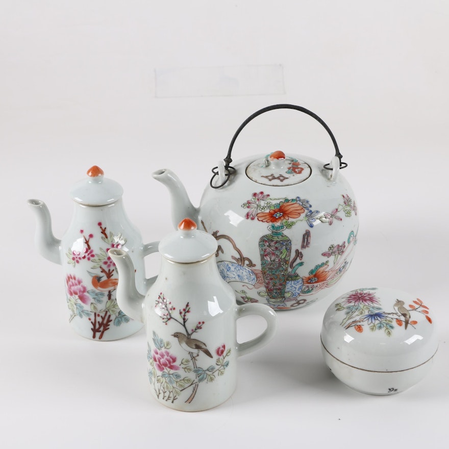 Chinese Porcelain Teapot, Creamers and Lidded Bowl