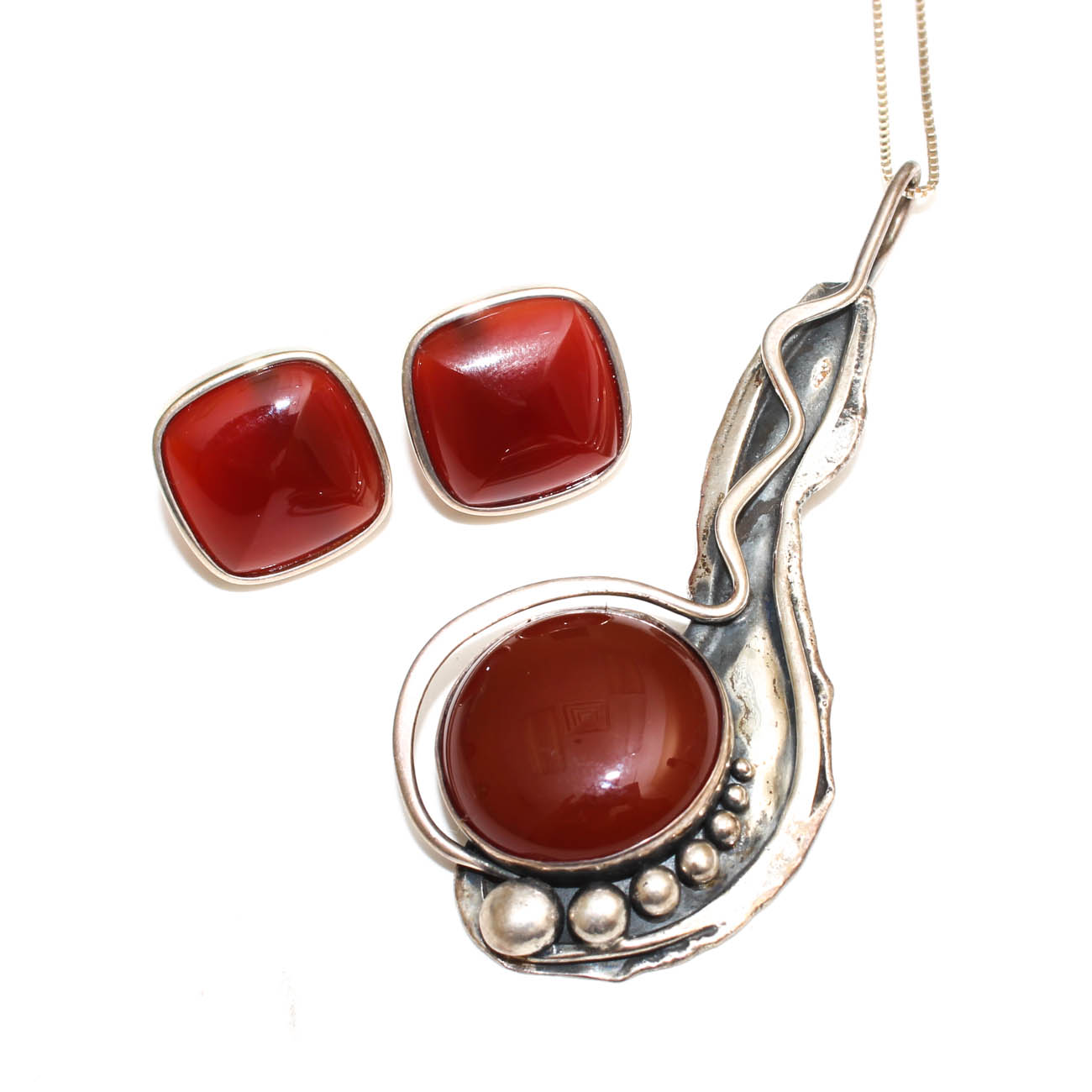 Sterling Silver and Carnelian Modernist Pendant Necklace and Earrings