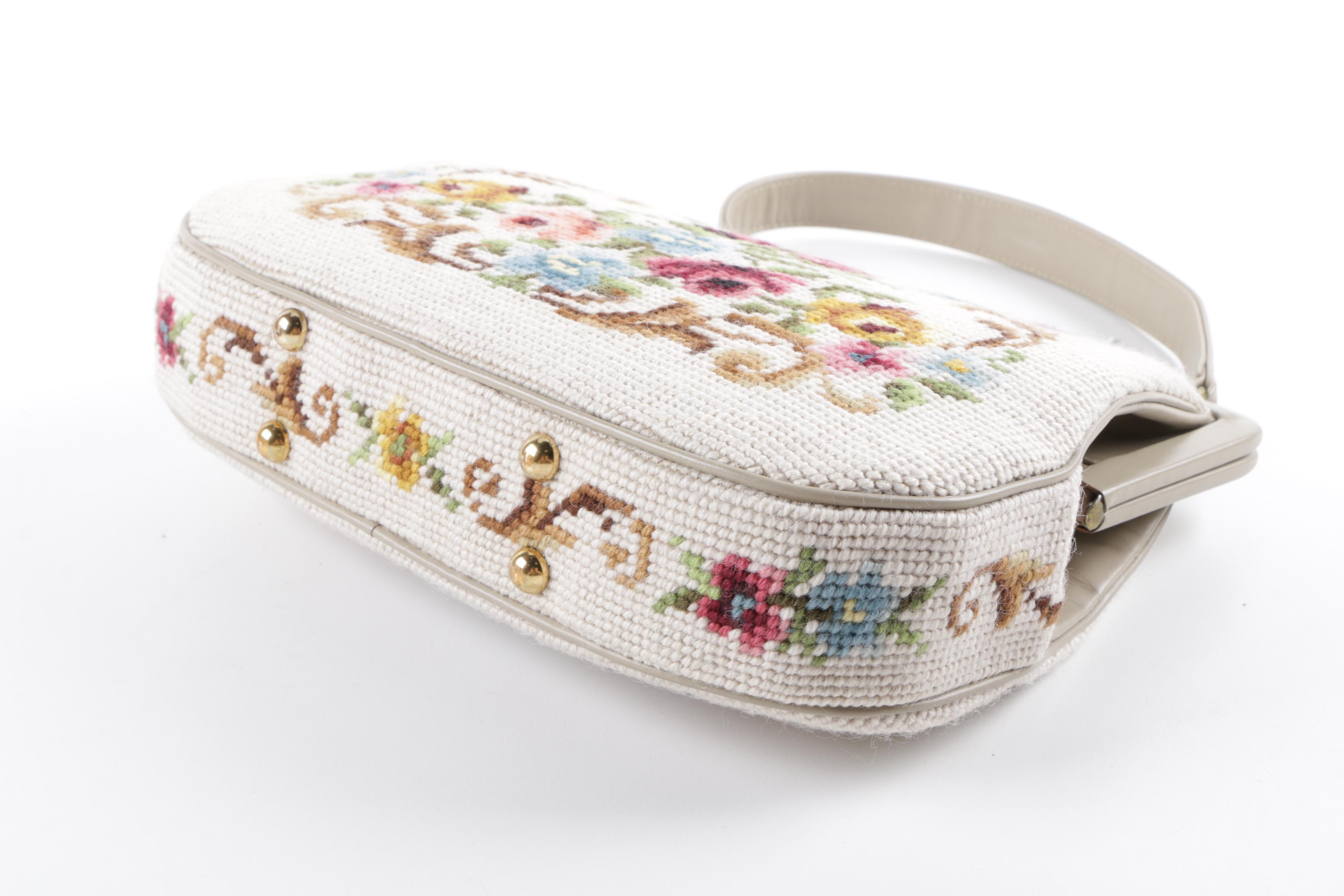Vintage Needlepoint Top Handle Frame Bag in Multicolor Florals
