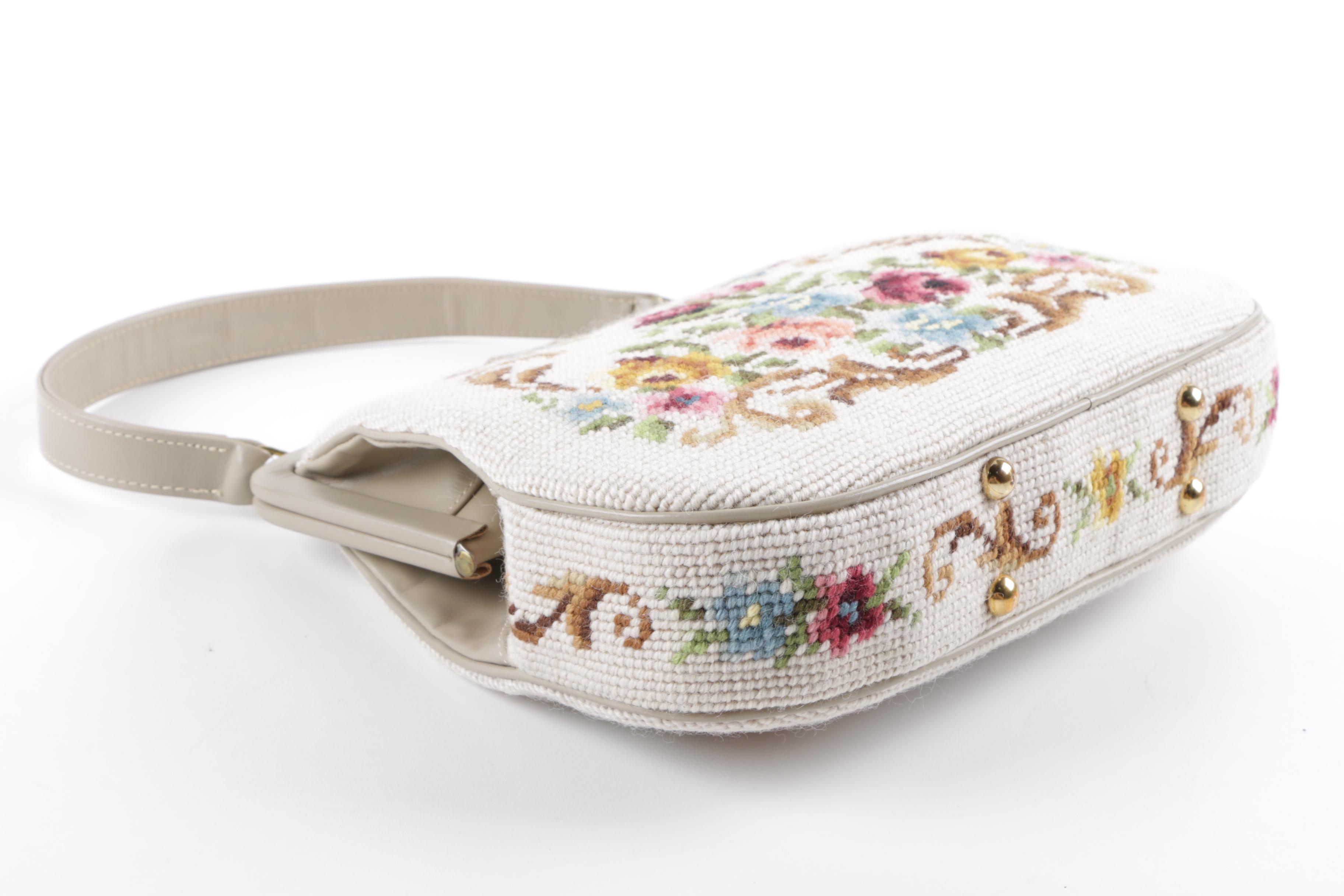 Vintage Needlepoint Top Handle Frame Bag in Multicolor Florals