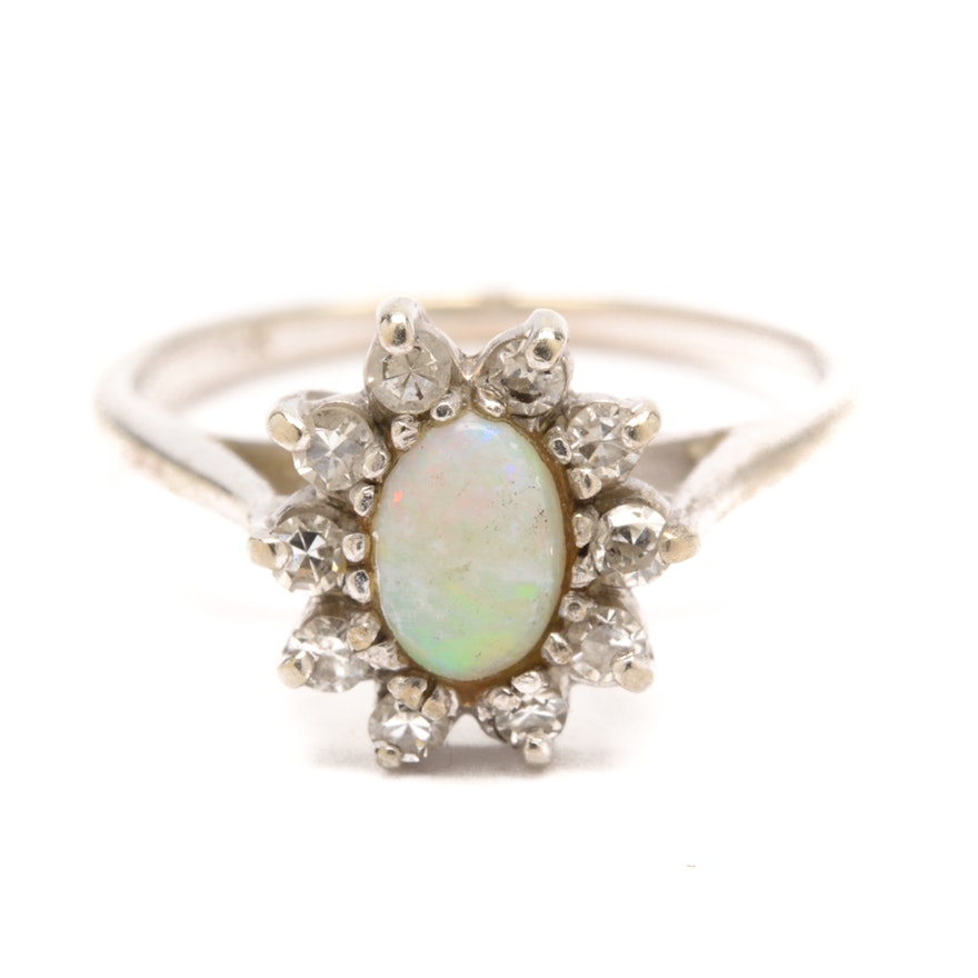 14K White Gold Opal and Diamond Ring