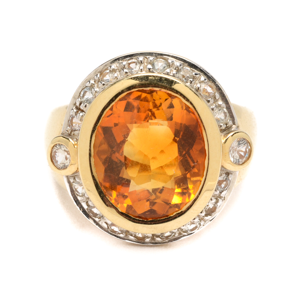 14K Yellow Gold Citrine and White Sapphire Ring