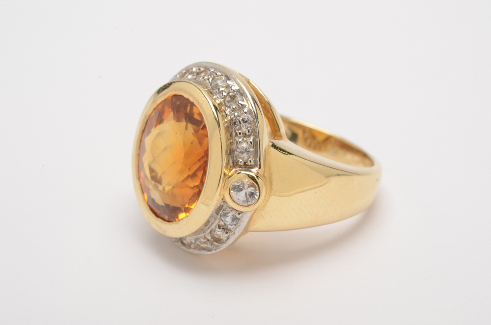 14K Yellow Gold Citrine and White Sapphire Ring