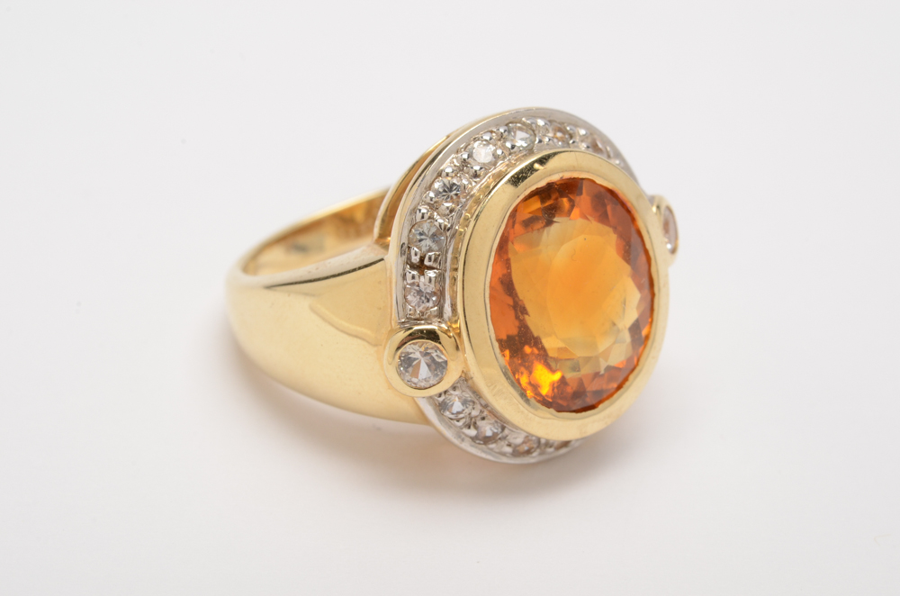 14K Yellow Gold Citrine and White Sapphire Ring